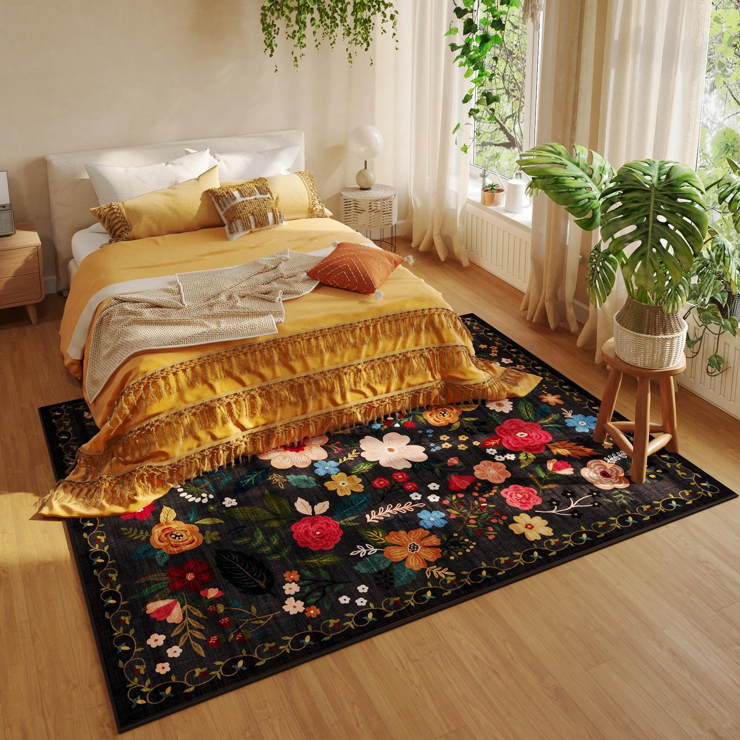 Rugcomf Living Room Rug 5x7 Rug Machine Washable Boho Area Rug Non Slip Floral Vintage Low Pile Large Rugs for Living Room, Bedroom, Farmhouse, Dining Room, Kids Playroom(Black)