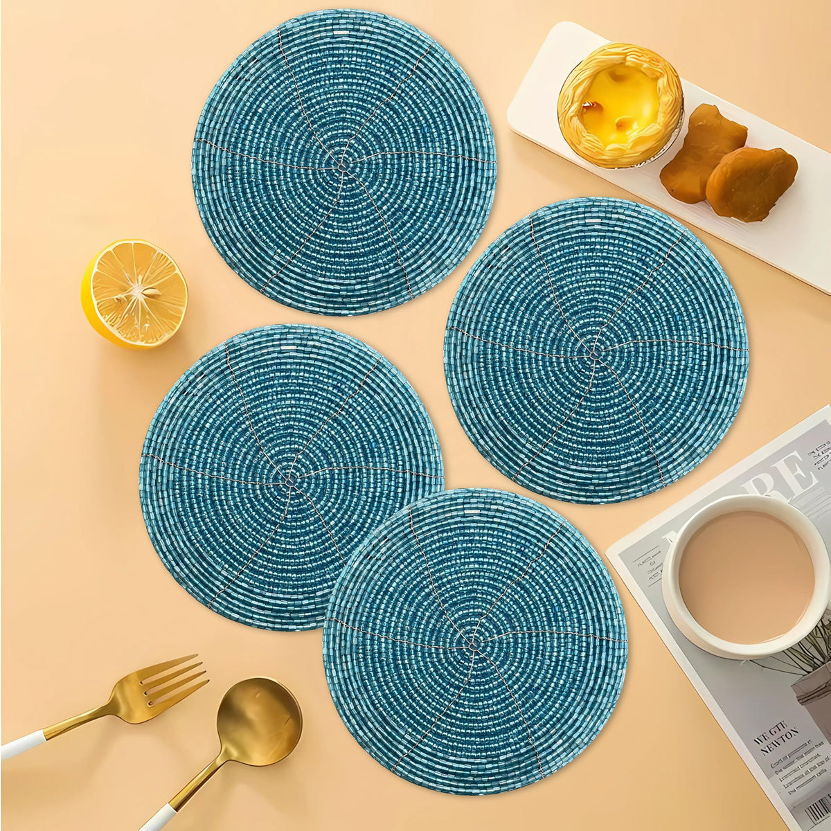 Handmade Beaded Bar Drink Tabletop Protection Coasters - Set of 4 - Halloween Harvest Autumn Fall Thanksgiving Holiday Christmas Xmas Celebration Festive Party 4" Round - Teal