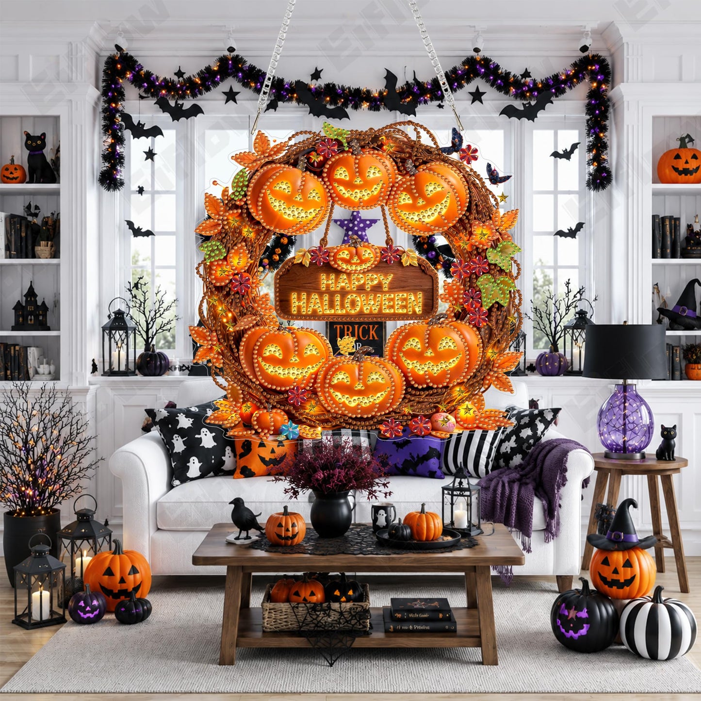 Eiflow Diamond Art Hanging Kit for Adults Halloween Wreath, DIY Diamonds Pearl Painting Door Hanger Board Kit, Special Crystal Diamond Art Painting Pendant Ornament (Happy Halloween)