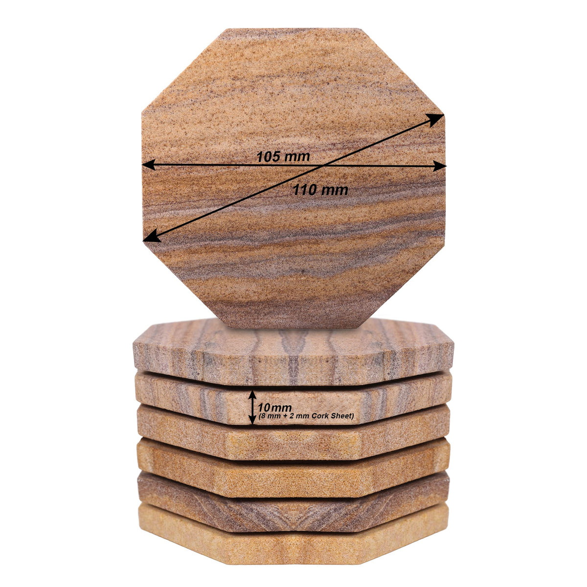 Marbco Sandstone Water Absorbent Hand Crafted Octagon Coasters for Drinks- Set of 6-4 inches Wide Thirsty Stone bar/Drink Coasters Made from Real Solid Stone (Without Holder, Set of 6)