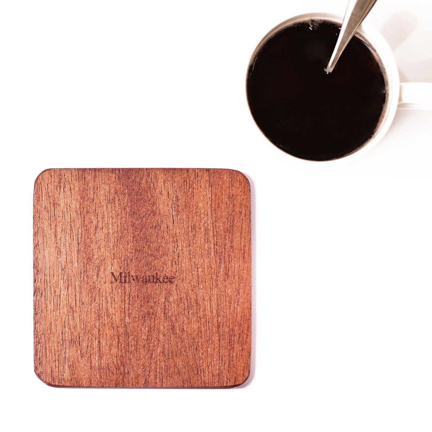 Milwaukee Map Coaster by O3 Design Studio, Set Of 4, Sapele Wooden Coaster With City Map, Handmade