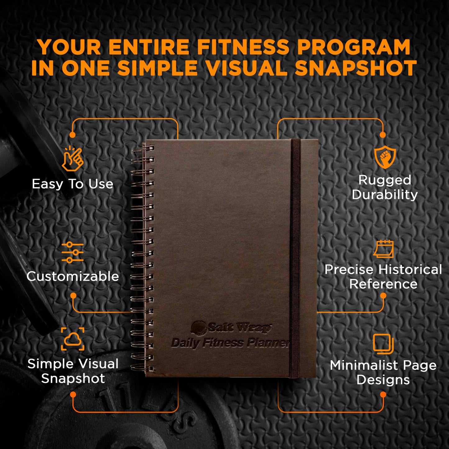 SaltWrap Daily Fitness Planner - Gym Workout Training Log, Weightlifting Exercise Journal, and Food/Diet Tracker - Daily and Weekly Pages, Goal Tracking, Spiral-Bound, 7 x 10 inches