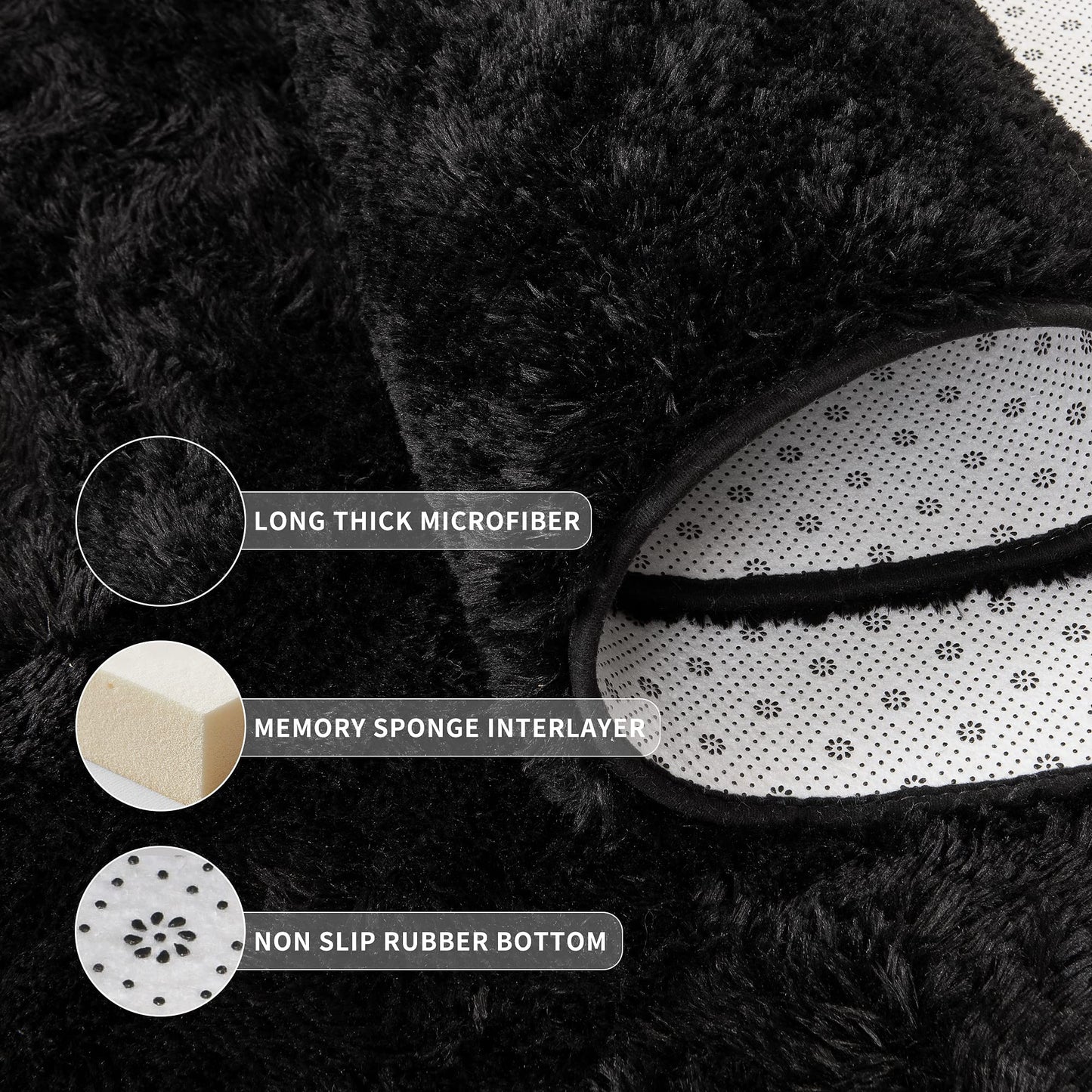 Tepook Super Soft Fluffy Rug for Bedroom, Modern Shaggy Fuzzy Kids Rugs for Living Room, Plush Indoor Nursery Home Decor Dorm Carpet with Non-Slip Bottom, Black, 4 X 6 Feet