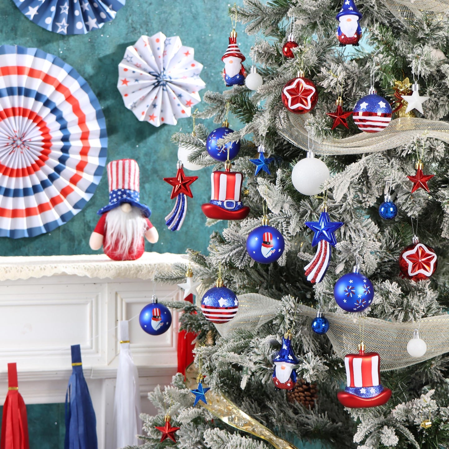 4th of July Tree Decorations, 41PCS Patriotic Decor for Tree, Independence Day Decorations, Red White and Blue Ornaments, USA 250th Anniversary Decorations (4th of July)