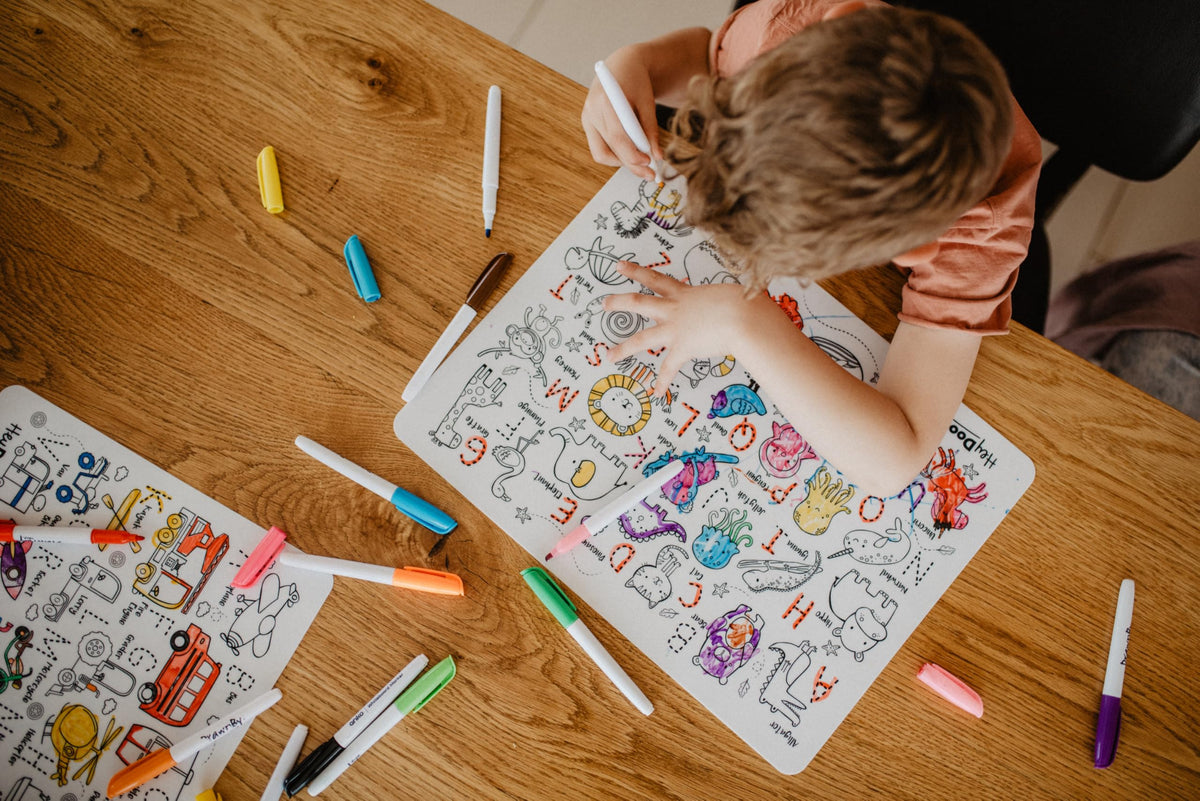 HeyDoodle Into The Wild Classic Doodle Mat – Reusable Silicone Alphabet Coloring Mat for Toddlers and Kids – Educational Animal Activity Pad with 9 Markers – Mess-Free Travel Toy – Ages 3-7