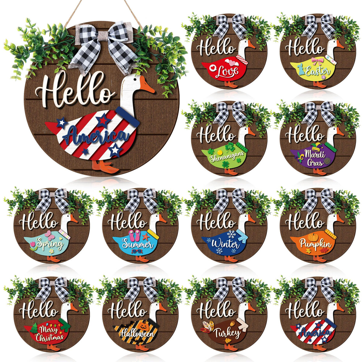 Weysat 13 Pcs Interchangeable Wooden Goose Decor, 11.8 Inch Holiday Seasonal Welcome Changeable Hello Geese Signs Rustic Farmhouse Front Door Round Wreaths Hanging Decorations for Porch Home Outdoor
