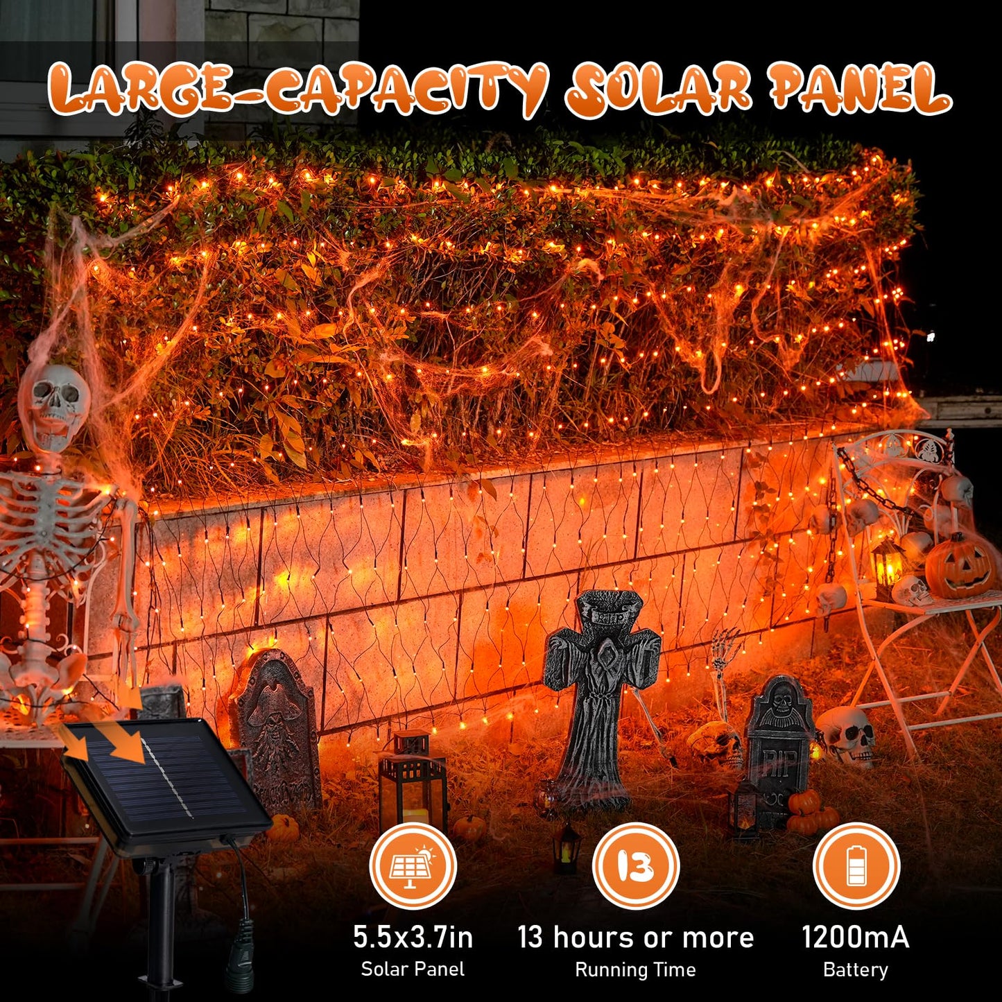 JMEXSUSS Orange Solar Halloween Lights Outdoor, 320 LED 9.8ft x 6.6ft Solar Net Lights Outdoor Waterproof, Solar Lights with 8 Modes Remote for Halloween Decorations