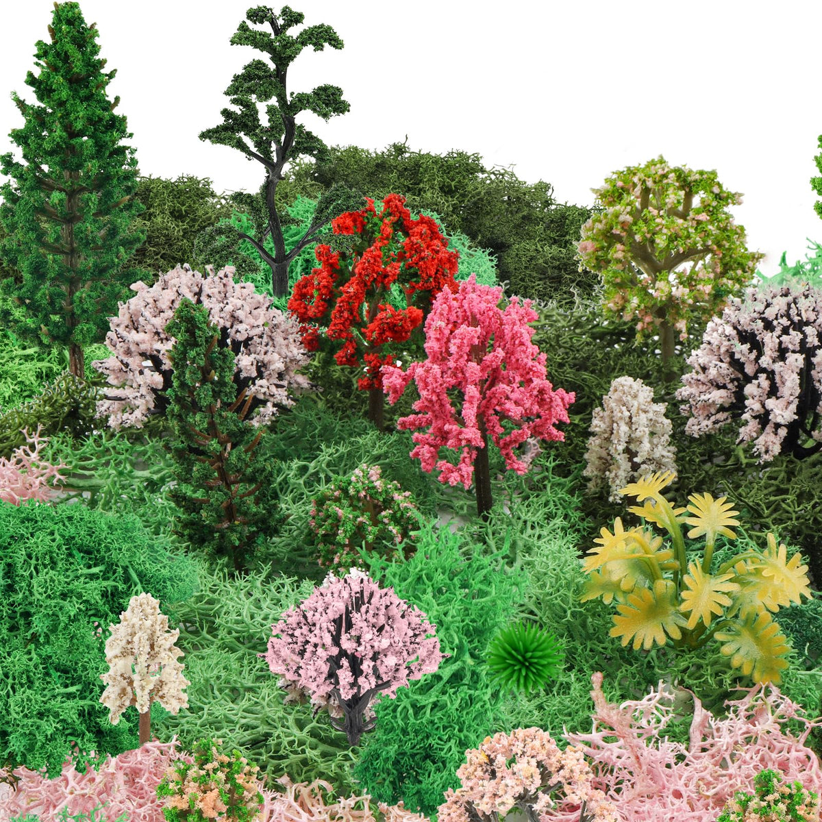 QUOZUO 36 Pcs Mixed Model Trees with 40g Moss Pink and Green, Diorama Trees Grass Mini Fake Miniature Trees Moss for Building Model, Model Train Scenery, Natural Green Landscape, Railroad Scenery