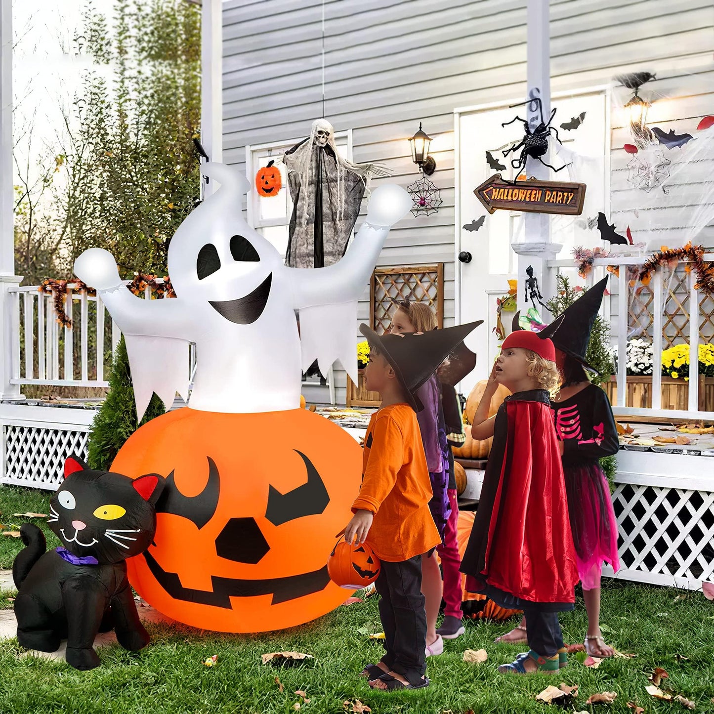 5 FT Halloween Inflatables Outdoor Spooky Pumpkin and Witch' s Black Cat Combo Inflatable Decor, Halloween Blow Up Yard Decorations Clearance with Build-in LED Lights, Halloween Outdoor Decorations