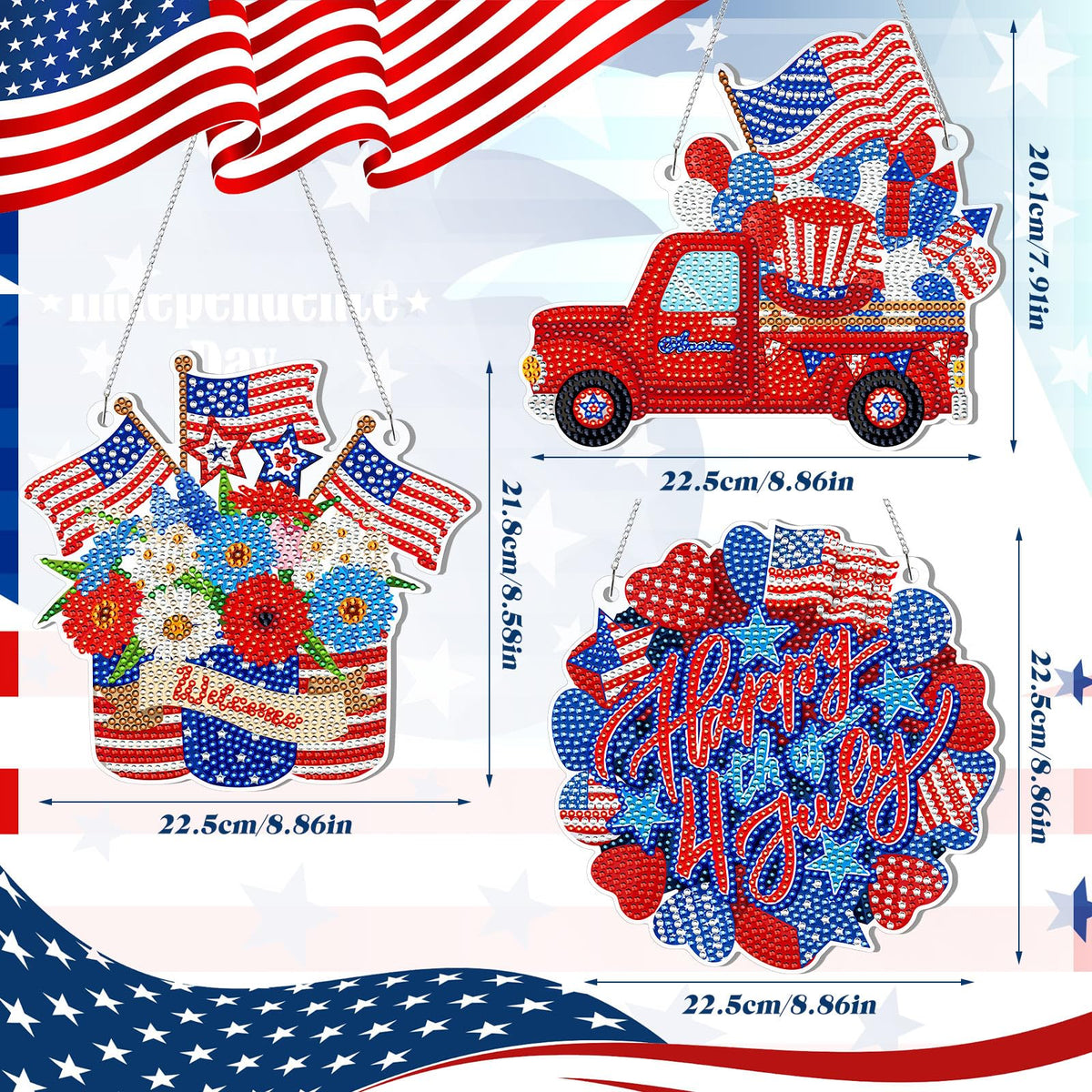 Yousoontic 3 Pcs 4th of July Diamond Art Kit 5d Patriotic Hanging Sign Memorial Day Diamond Painting Acrylic American Flag Ornament Independence 250th Anniversary Welcome Sign for Home Wall Door