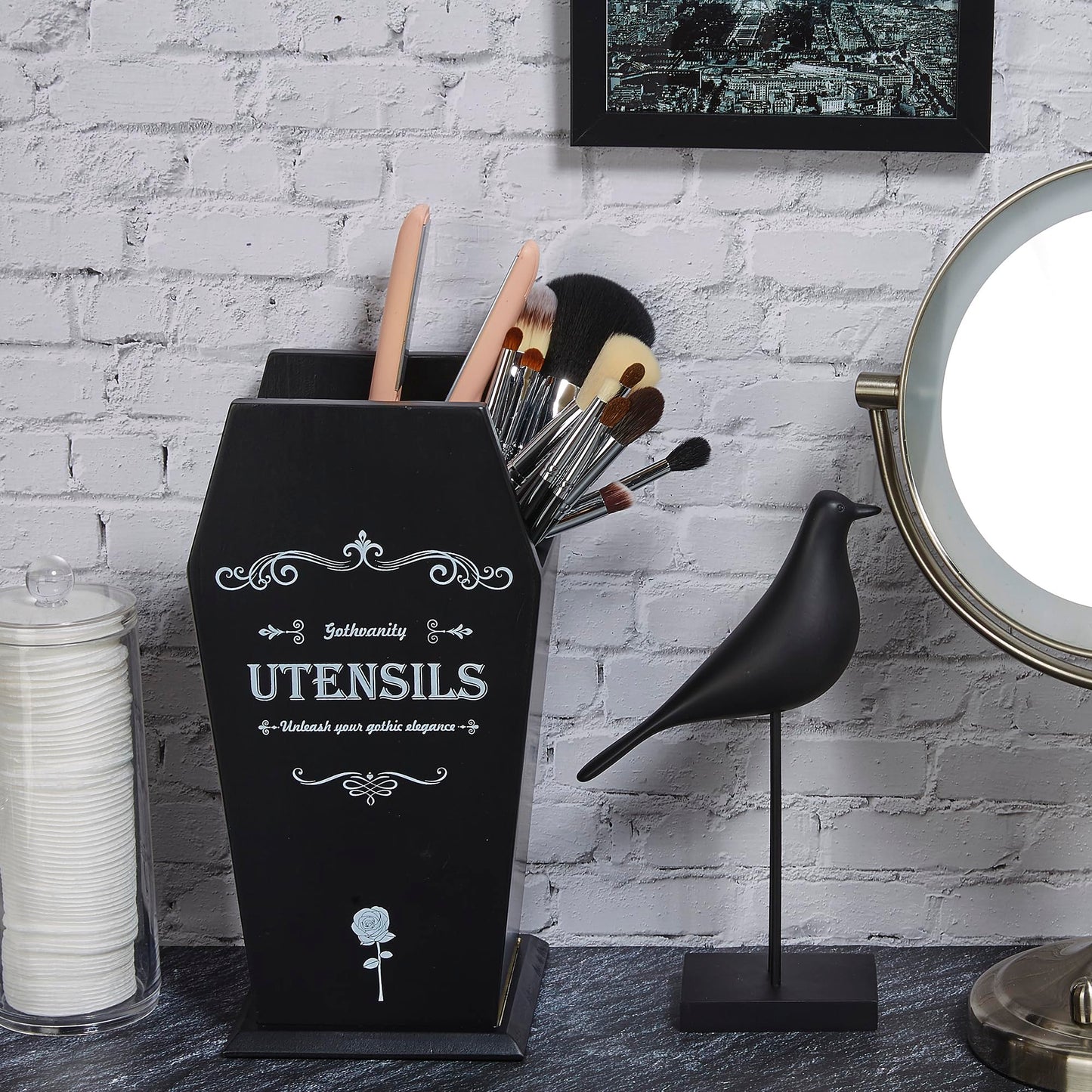 Gothvanity Gothic Coffin Utensil Holder - Large Stable Spooky Dark Aesthetic Kitchen Organizer, Wooden Black Kitchen Decor 12.5X8X5 Inches