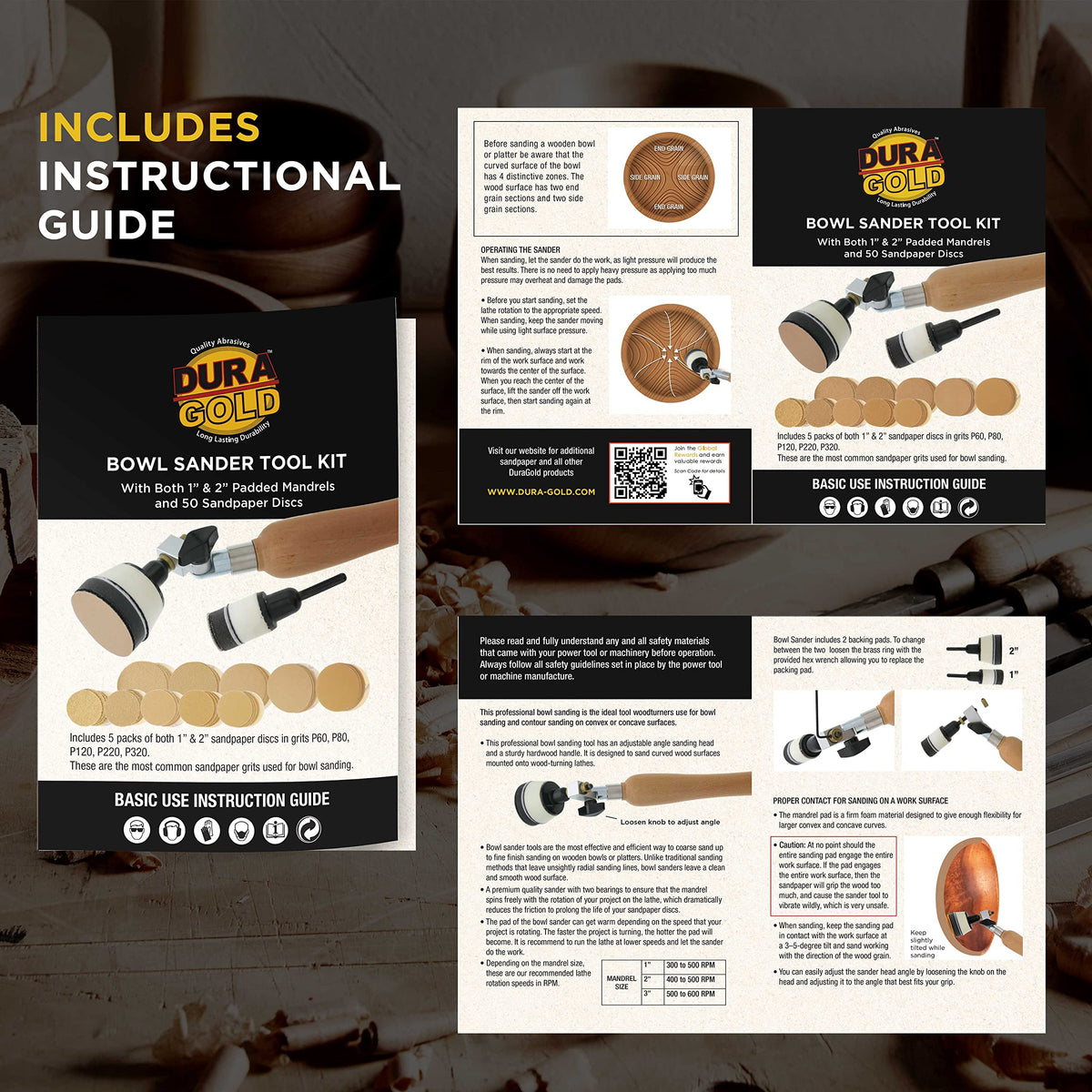 Dura-Gold Woodturning Bowl Sander Tool Kit - 1" & 2" Hook & Loop Backing Pads, 50 Sanding Discs (60 to 320 Grit), Dual Bearing, Hardwood Handle, 1/4" Mandrel, Sandpaper Woodworking