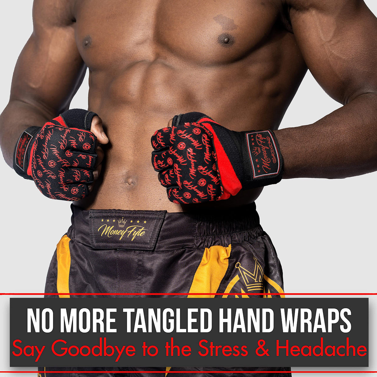 Quick Gel Boxing Wraps Under Boxing Gloves - Kickboxing MMA Muay Thai - Fist, Knuckle, Wrist Wrap Protection Inner Glove Hand Wraps - Men Women Kids - MoneyFyte (Black/Red, L/XL)