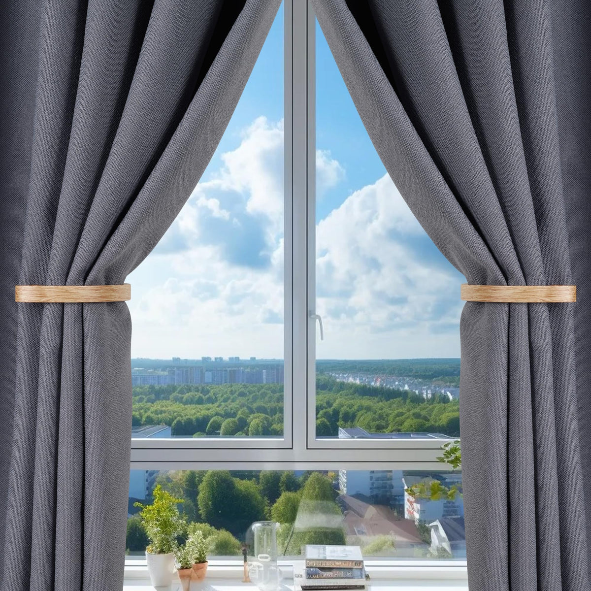 2Pcs Curtain Holdback,Premium Solid Aluminum Wall Mounted Curtain Tiebacks,Rust-Proof,Light Wood Grain