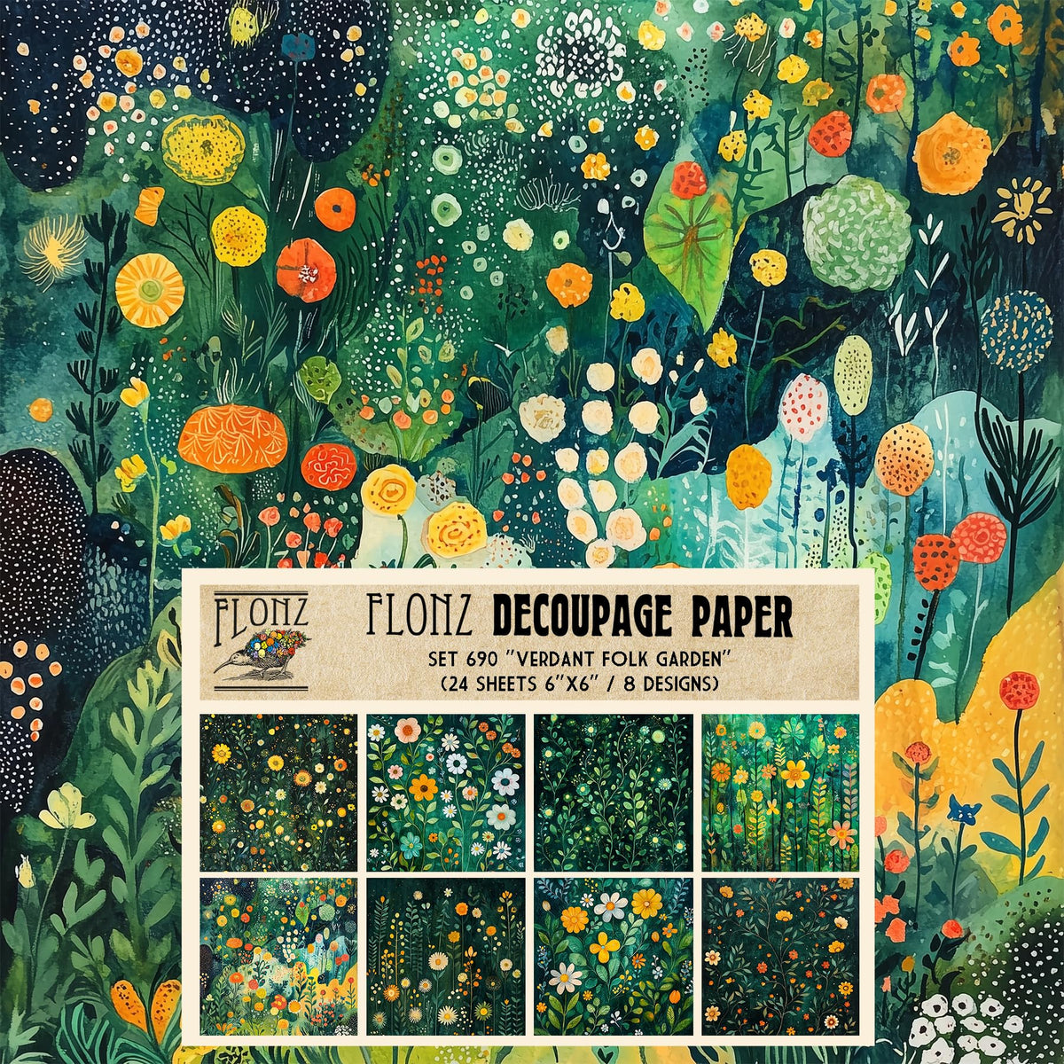 Decoupage Paper Pack (24 Sheets 6"x6") Verdant Folk Garden ~ Naive Painterly Florals in Green Shades with Yellow-Orange Accents and Stylized Botanical Layout