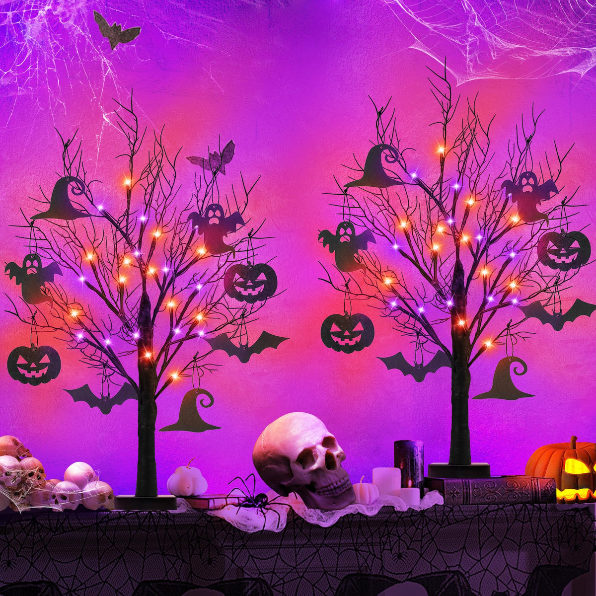 [Timer] 2 Pack 24 Inch Halloween Decorations Indoor, Black Halloween Tree with 24 LED Orange Purple Lights & 16 Pumpkin Bat Ghost Witch Hat, USB/Battery Operated Table Decorations Home Party
