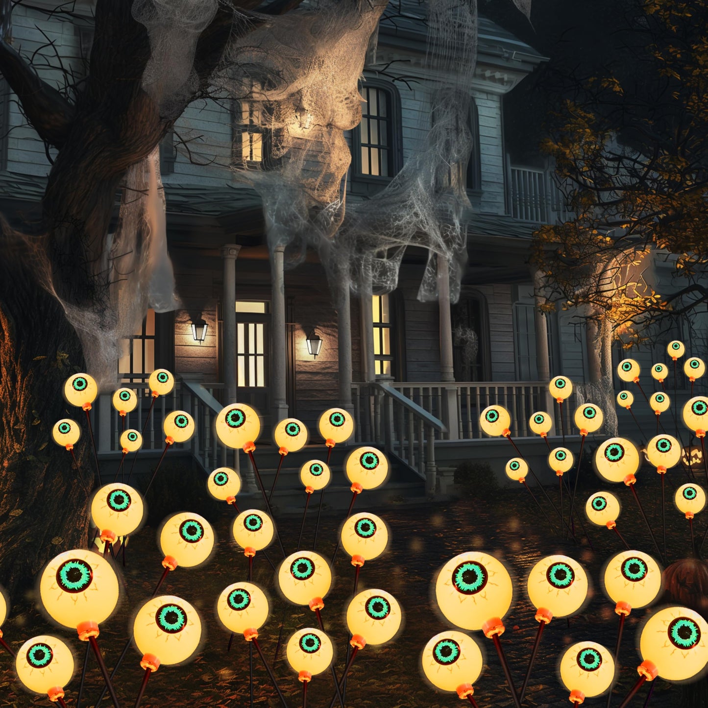 JOYIN Halloween Decorations Outdoor Solar Scary Eyeball Lights, 8 Pcs 48LEDs Warm Pathway Yard Stakes, Waterproof Firefly Lights for Halloween Graveyard Yard Garden Patio Walkway Party