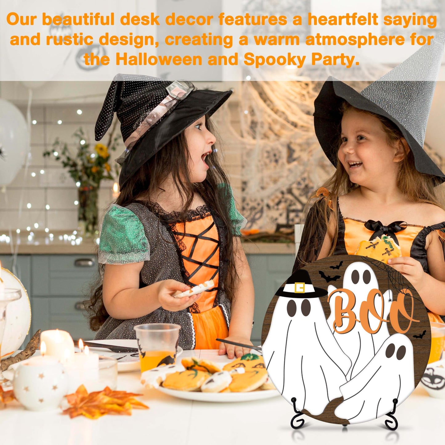 Seclate Halloween Desk Decorations for Home, Ghost Wooden Table Centerpieces 8x8 Inches with Iron Stand for Office Living Room Shelf Decor, Boo Gifts for Women Friends - E08