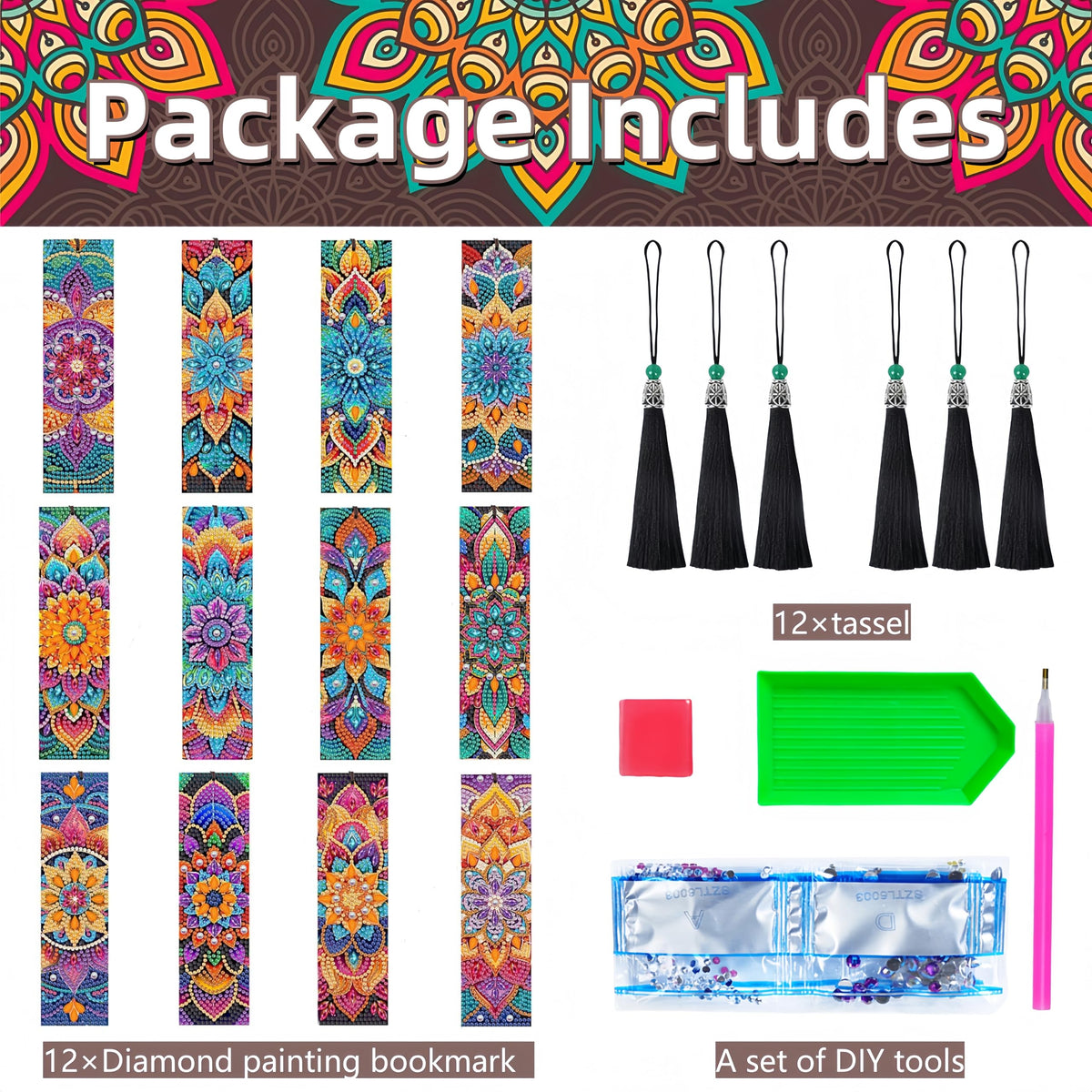 12 Pcs Mandala Diamond Painting Bookmarks,Diamond Art Bookmarks with Tassel, Diamond Art Painting Kits for Beginners Adults DIY Art Craft Gifts Book Decors