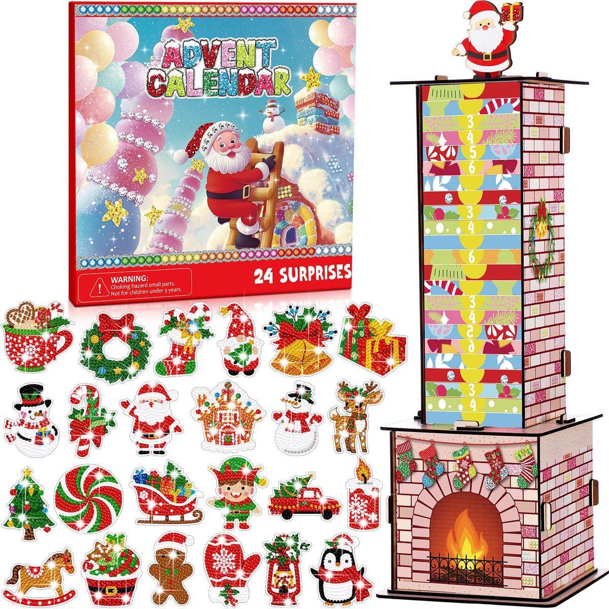 Cinnvoice Advent Calendar 2026 Santa Down the Chimney Christmas Diamond Painting Kits 24 Days Christmas Countdown Calendar DIY Gem Keychains Christmas Gift for Stockings Hanging Ornaments Party Favors