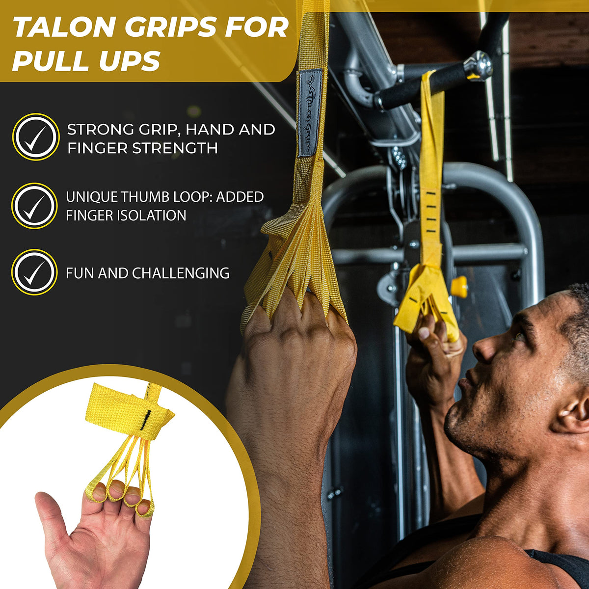Core Prodigy Talon Pull Up Grip Strength Straps - Nylon Finger and Thumb Loops for Grip Training, Rock Climbing, Hand and Arm Strengthener (Black)