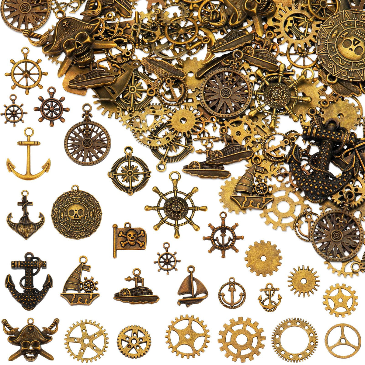 Hicarer 300 Gram Gears Charms, Nautical Anchor Rudder Helm Compass Charms Pendant, Bulk Mixed Antique Bronze Gears Steampunk, Clock Watch Cog Wheel for DIY Necklace Bracelet Jewelry Making Accessories