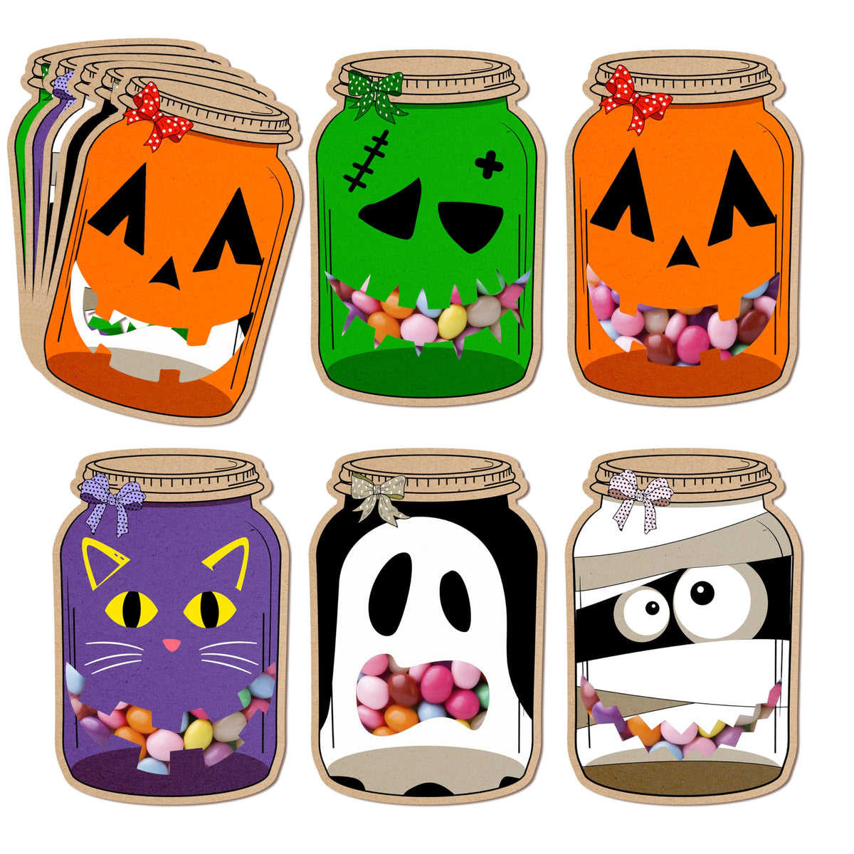 SHIEL-EVEN 50 Pack Halloween Mason Jar Candy Cards for Kids Classroom - School DIY Trick or Treat Bags, Halloween Candy Cards with Clear Bags, Holiday Gifts for Classroom Kids