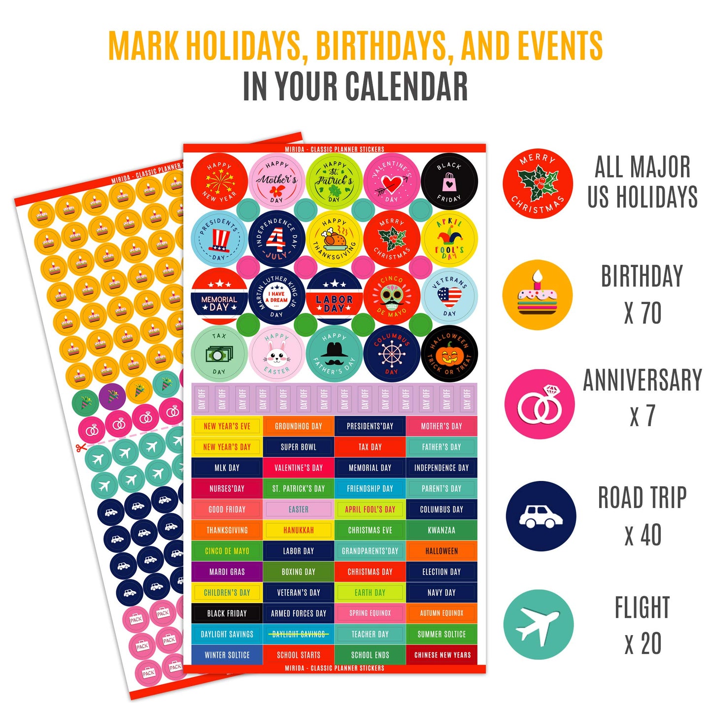 Mirida Planner Stickers – 1867 Daily Icons and Inspirational Stickers for Adults Calendar, Classic Pack for Budget, Work, and Holidays