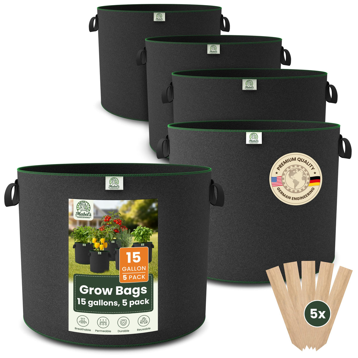 Mabel's Gardening 5-Pack 15 Gallon Grow Bags - Garden Planting Bags 17.7 x 14.2 INCH Made of 8.85 oz/yd² (300g/m²) Felt & Fleece Fabric Plant Pot, Plant Bag, Grow Bag for Pumpkin Potato Tomato