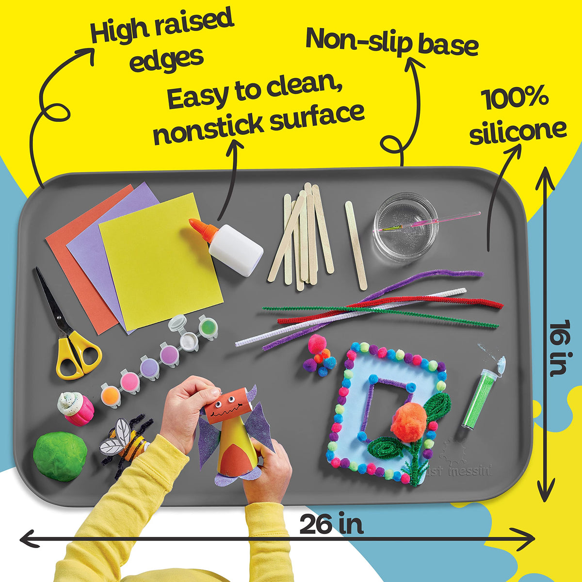Just Messin' Silicone Art Mat Bundle – 16”x26” Gray & 12”x18” Blue Mats with High .6" Edge, Non-Slip, Heat Resistant for Crafts, Resin,Paint & Jewelry-Making