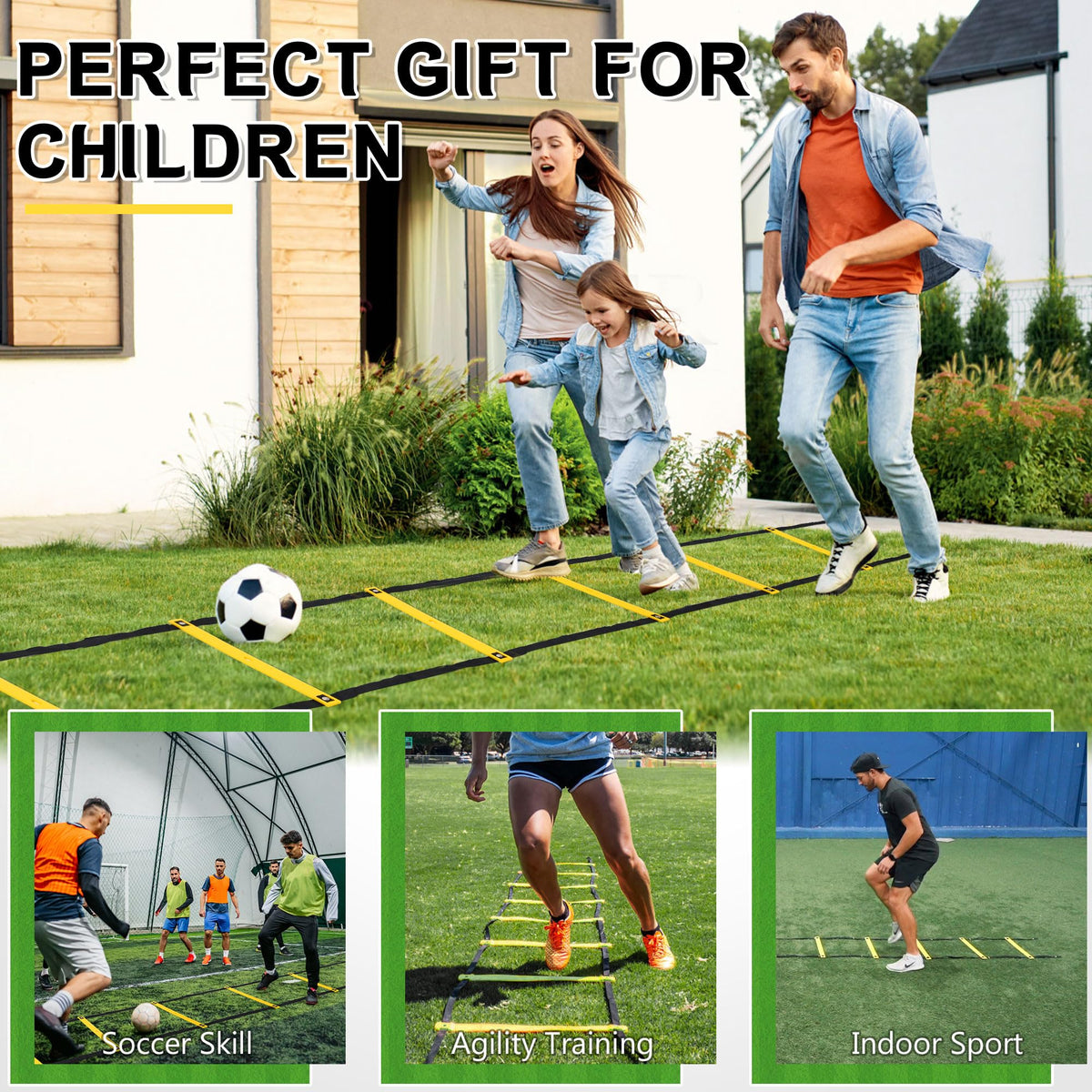 Camkinger Fixed Rung Agility Ladder, 20ft, 12 Rungs No Tangle Speed and Agility-Training Equipment for Soccer Footwork Coaching Ladders with Carrying Bag, Ground Stakes for Adults, Youth Kids, Yellow