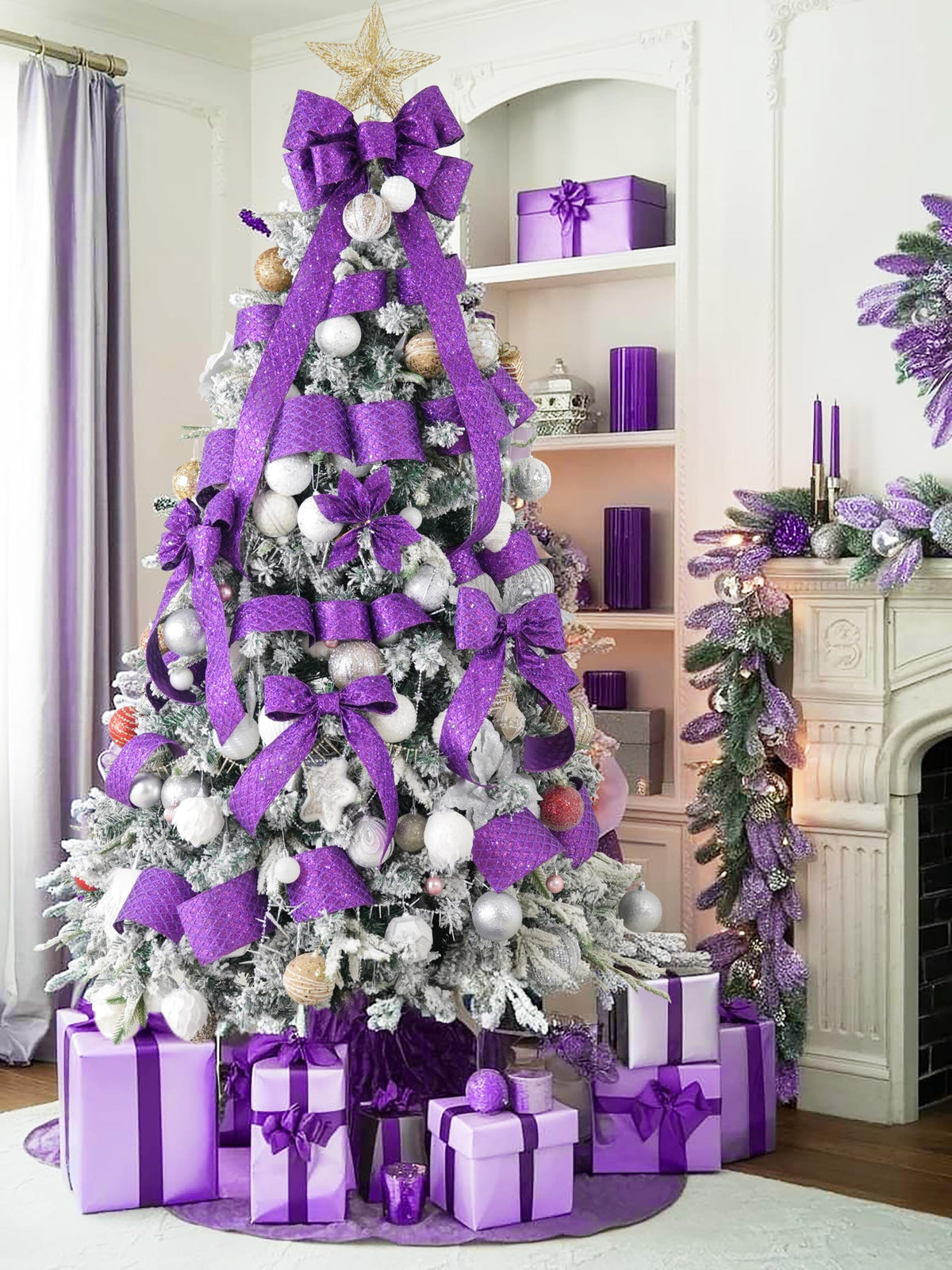 HUIHUANG Purple Wired Ribbon for Christmas Tree 2.5 inch Purple Glitter Diamond Mesh Ribbon for Tree Decoration, Wreaths, Garland, Gift Wrapping, Large Bows Making, Halloween Decor -10 Yards