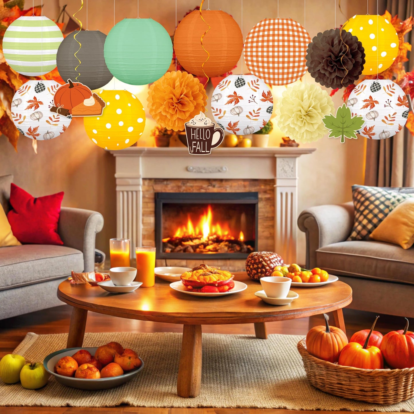 ‎Renbuzhu 16PCS Fall Decorations for Home Paper Lanterns Pom Poms Hanging Swirls Thanksgiving Autumn Friendsgiving Decor for Party Office Birthday Indoor Outdoor
