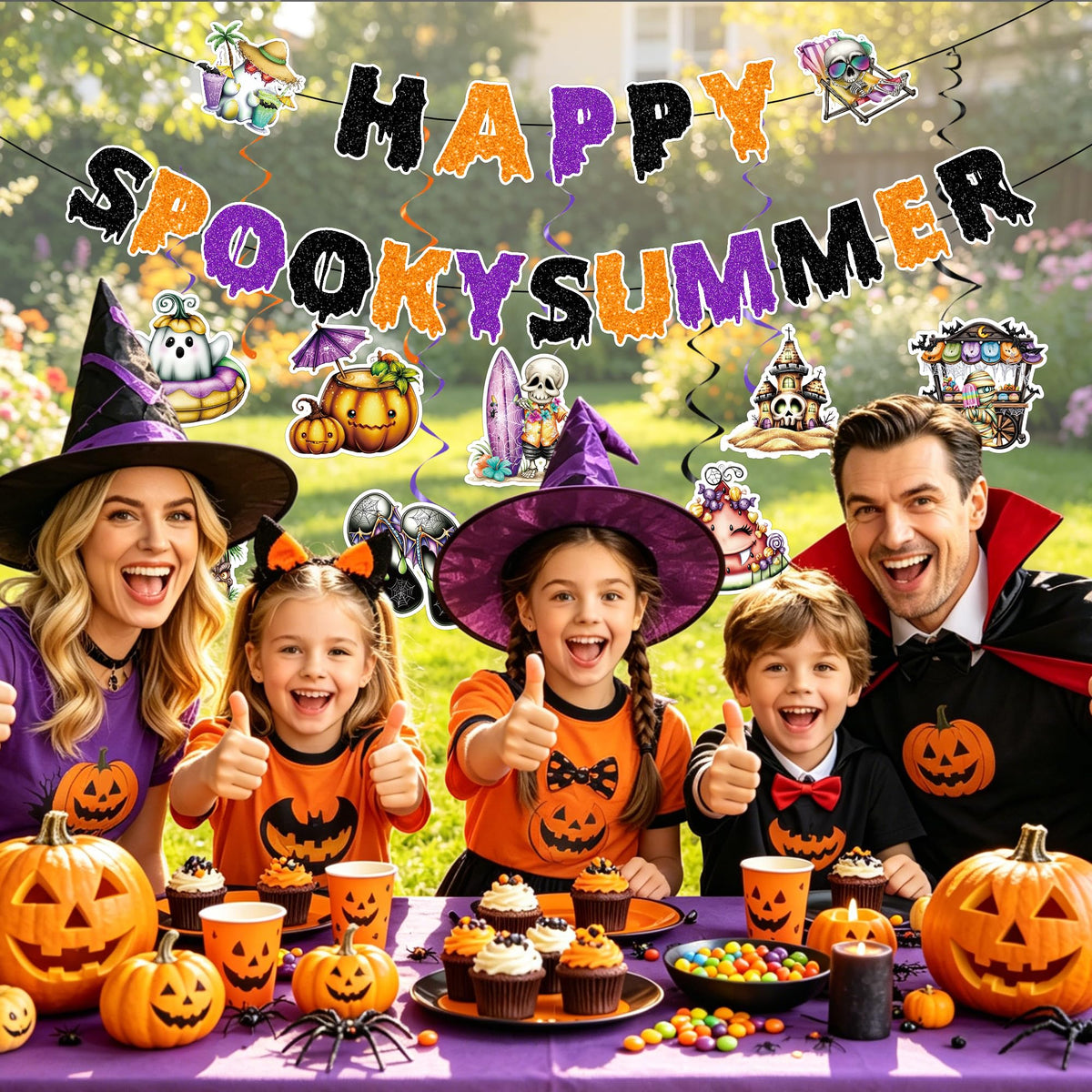 RUBOAOA Summerween Decorations, 10 Pcs Spooky Summer Halloween Decor with Banner Hanging Swirls, Cute Luau Beach Tropical Party Supplies for Indoor Home, Backyard, Patio, Pool and Summer Parties
