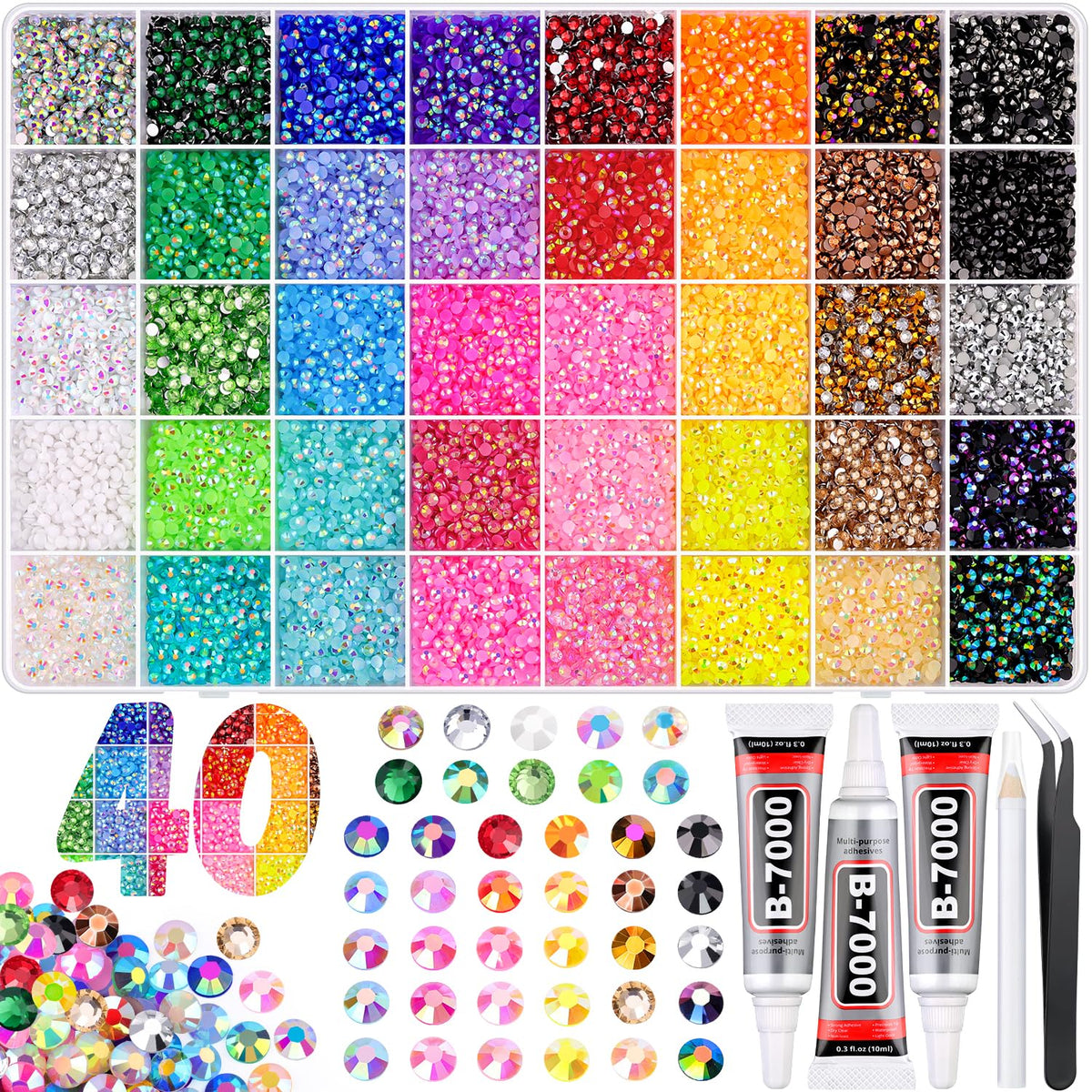 40000Pcs Jelly Rhinestones for Bedazzling Kit, Multi-Color 3mm Resin Flatback Gems with 3Pcs 10ml B7000 Jewelry Glue, Bedazzled Crystal for DIY Crafts Clothing Nail Art Makeup