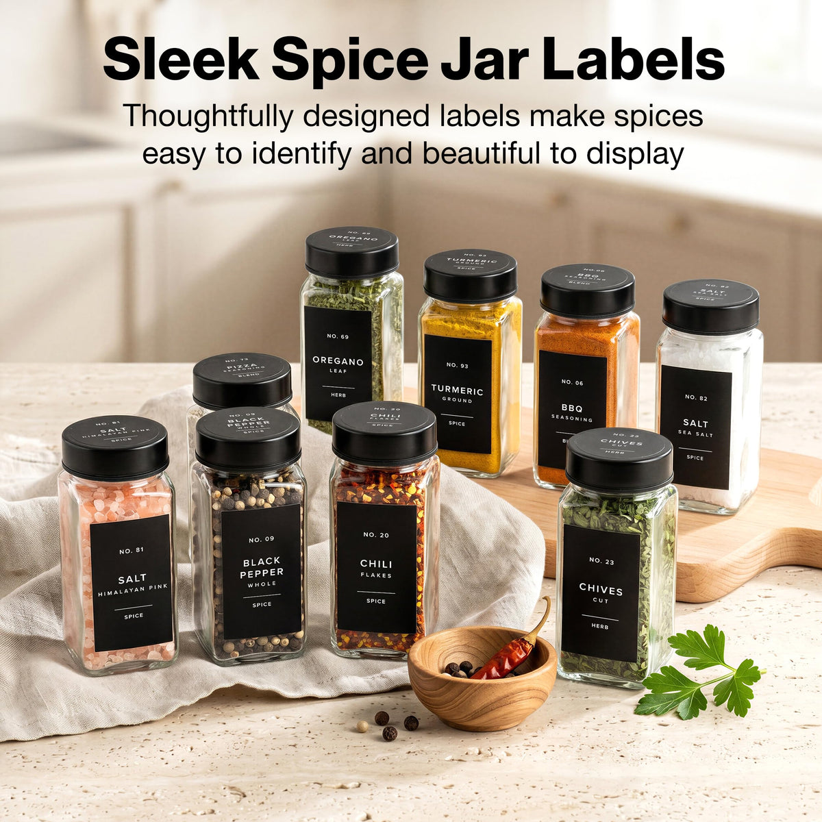 Minimalist Spice Jar Labels Self-Adhesive - 240 Stickers for Spice Jars, Spice Jars & Drawers, Round & Rectangular, Waterproof Spice Organiser Labels for Kitchen Organisation (Black)