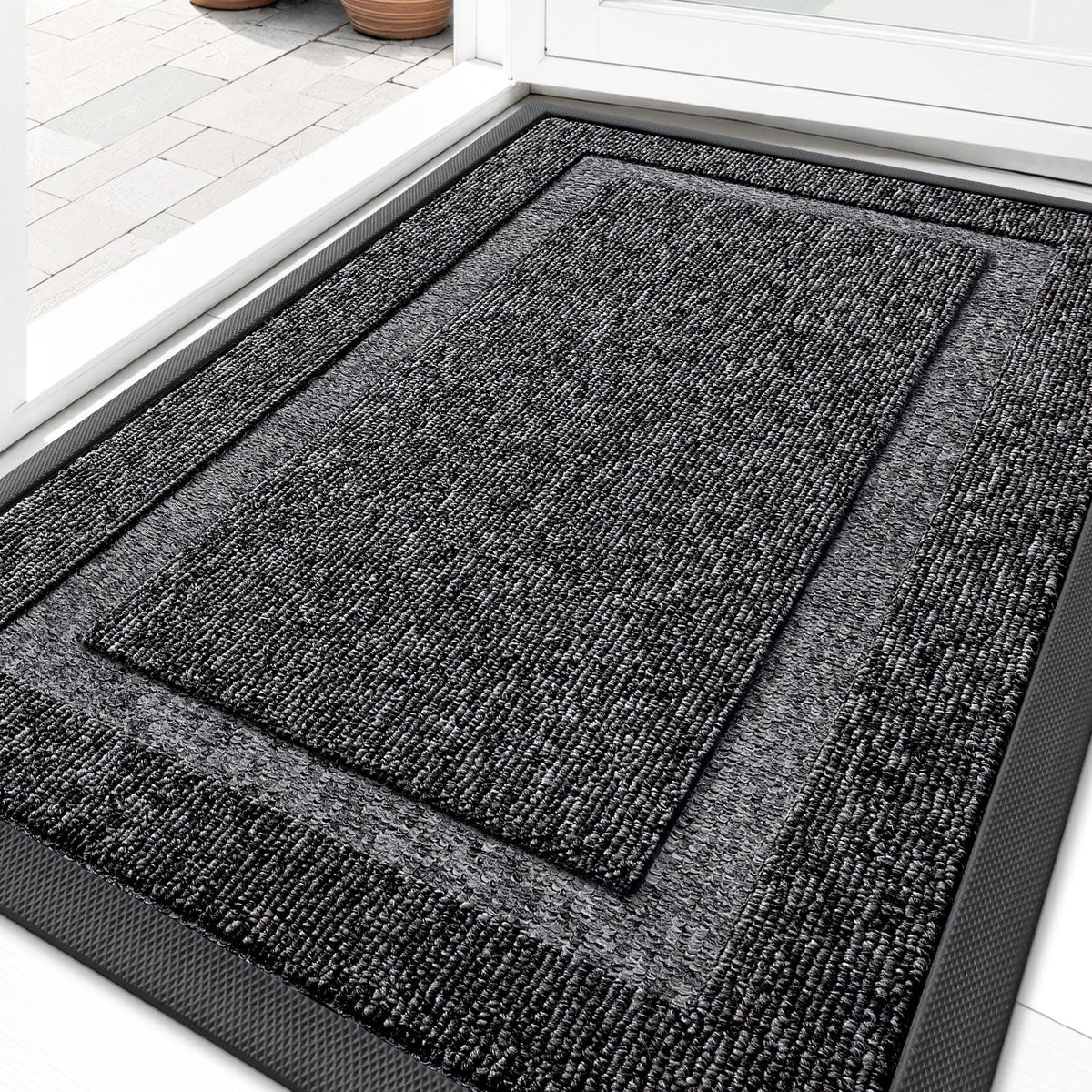 OLANLY Front Door Mat Indoor Outdoor Entrance, Waterproof All-Season, All-Weather Doormat, Sturdy Natural Rubber, Low Profile, Easy Clean Patio Porch Entryway Mat, 29.5x17, Black and White