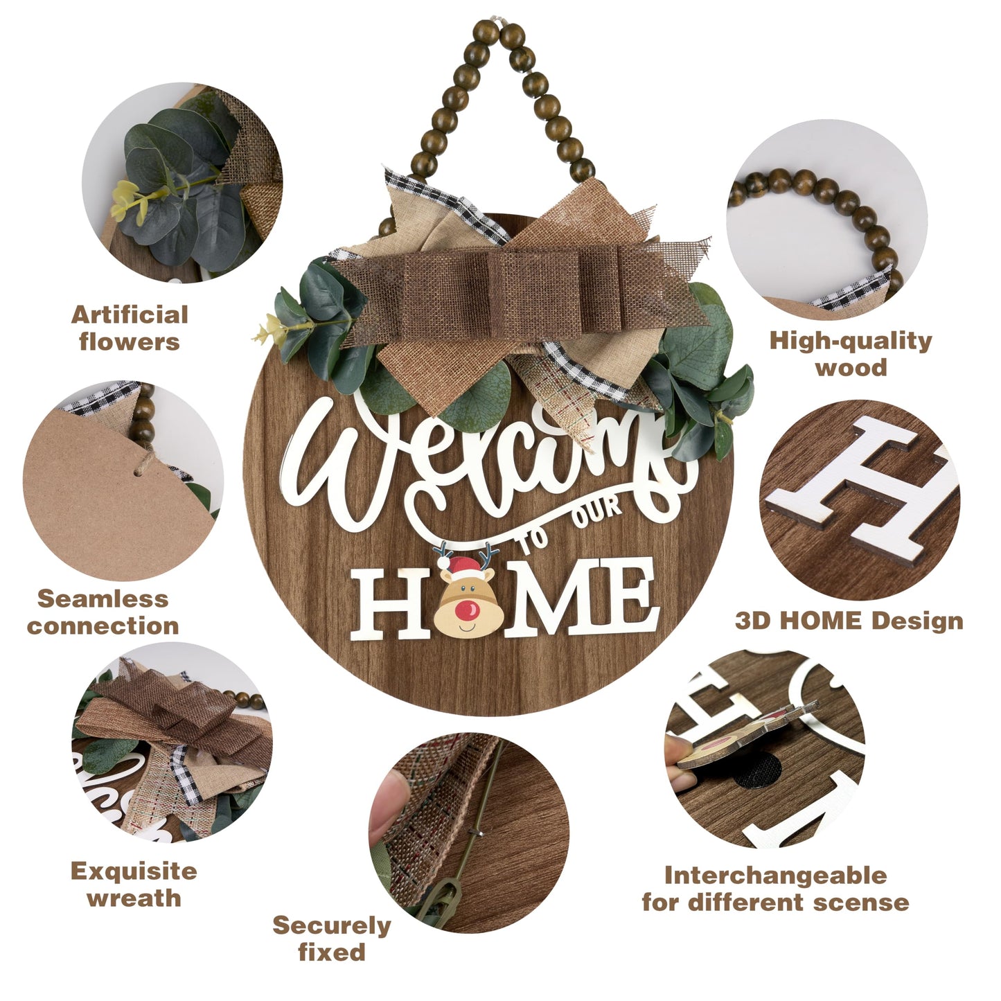 CondorPasea Interchangeable Welcome Door Sign with 16 Different Replaceable Patterns - 12" Round 3D Rustic Wooden Front Porch Decor, Artificial Leaves & Rustic Beads, Farmhouse/Classroom All Seasons Holiday (Christmas Halloween) Welcome Home Hanging Sign
