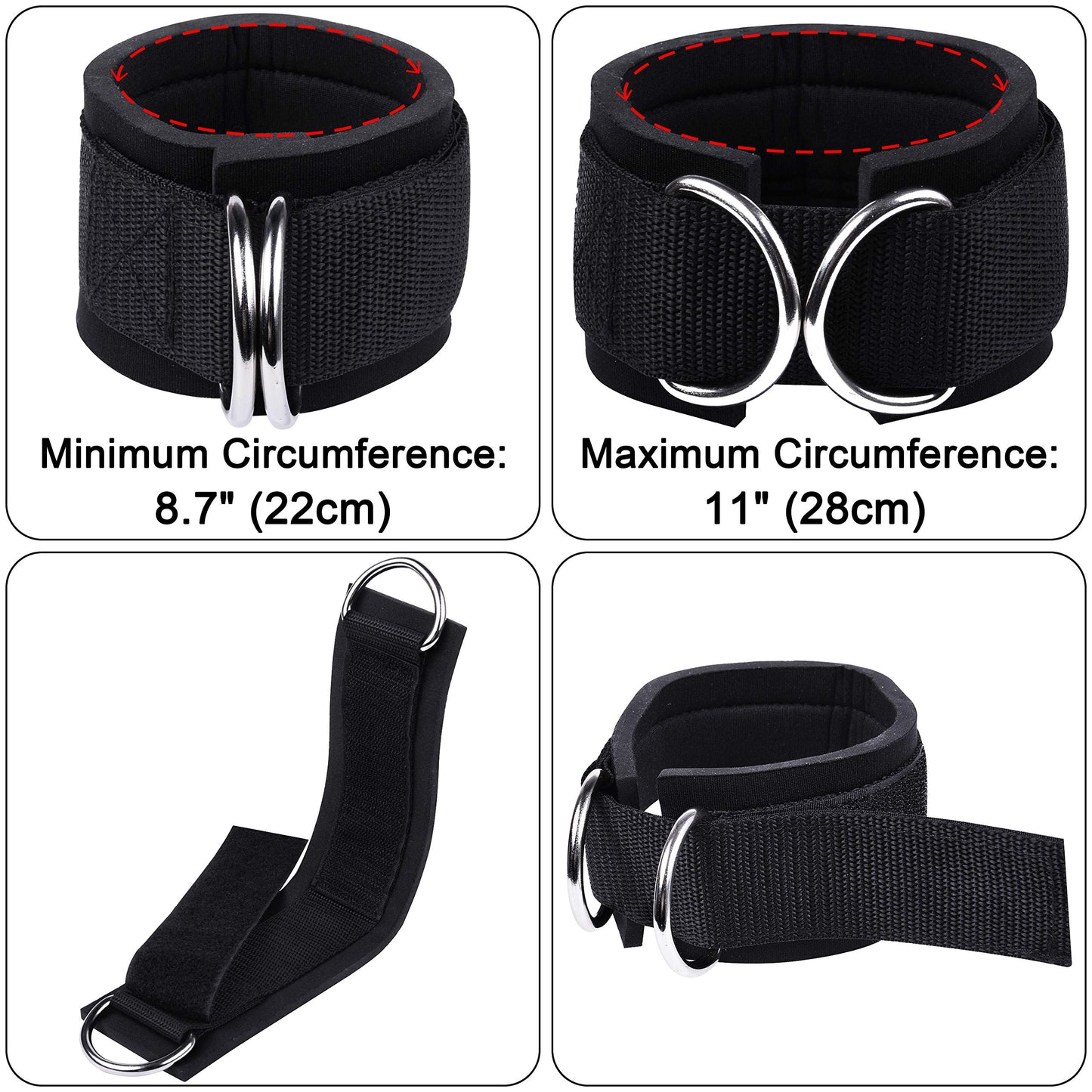 Techion 1 Pair of Fitness Ankle Straps for Cable Machine - Double D-Ring, Adjustable Comfort fit Neoprene - for Men and Women - Black