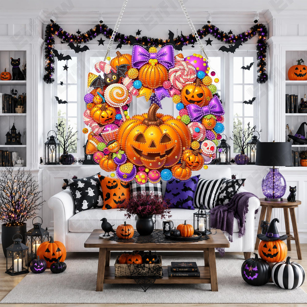 Eiflow Diamond Art Hanging Kit for Adults Candy Pumpkin, DIY Diamonds Pearl Painting Door Hanger Board Kit, Special Crystal Diamond Art Painting Pendant Ornament (Halloween Wreath)