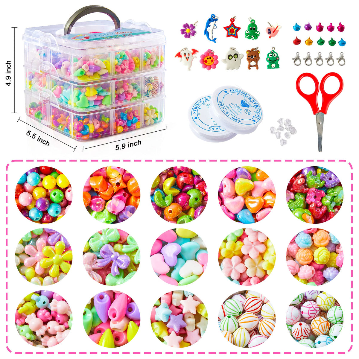 Beads for Kids Crafts, 1100 Jewelry Making Kit Includes Scissor, String, Instruction and Accessories for Bracelet Making, Toys for Girls by Inscraft