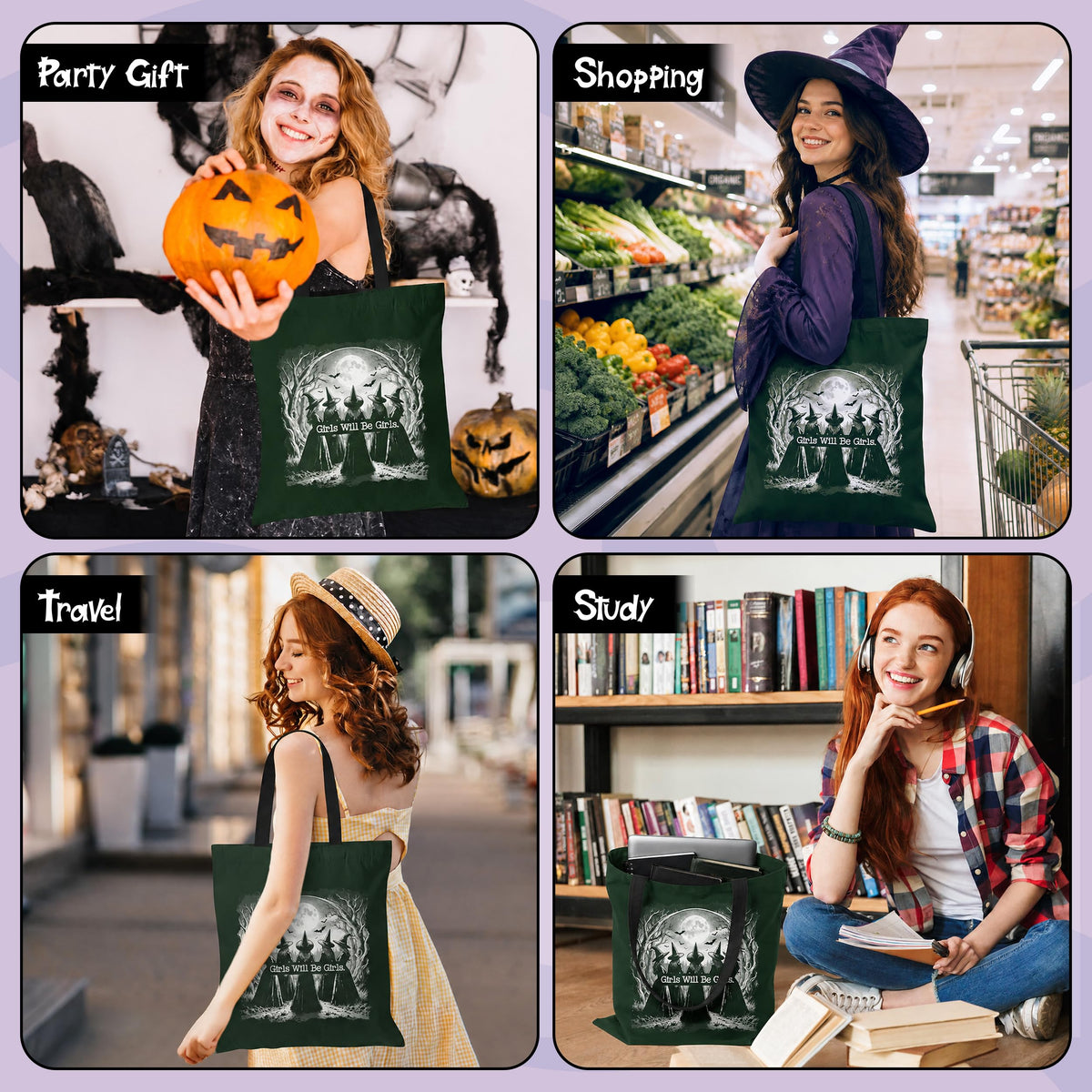 Laffact Aesthetic Witchy Canvas Bag for Women - 2Pcs Cute Girls Will Be Girls Quotes Canvas Tote Bag Makeup Pouch, Funny Black Magic Witch Reusable Grocery Shopping Handbag Gift for Halloween Birthday
