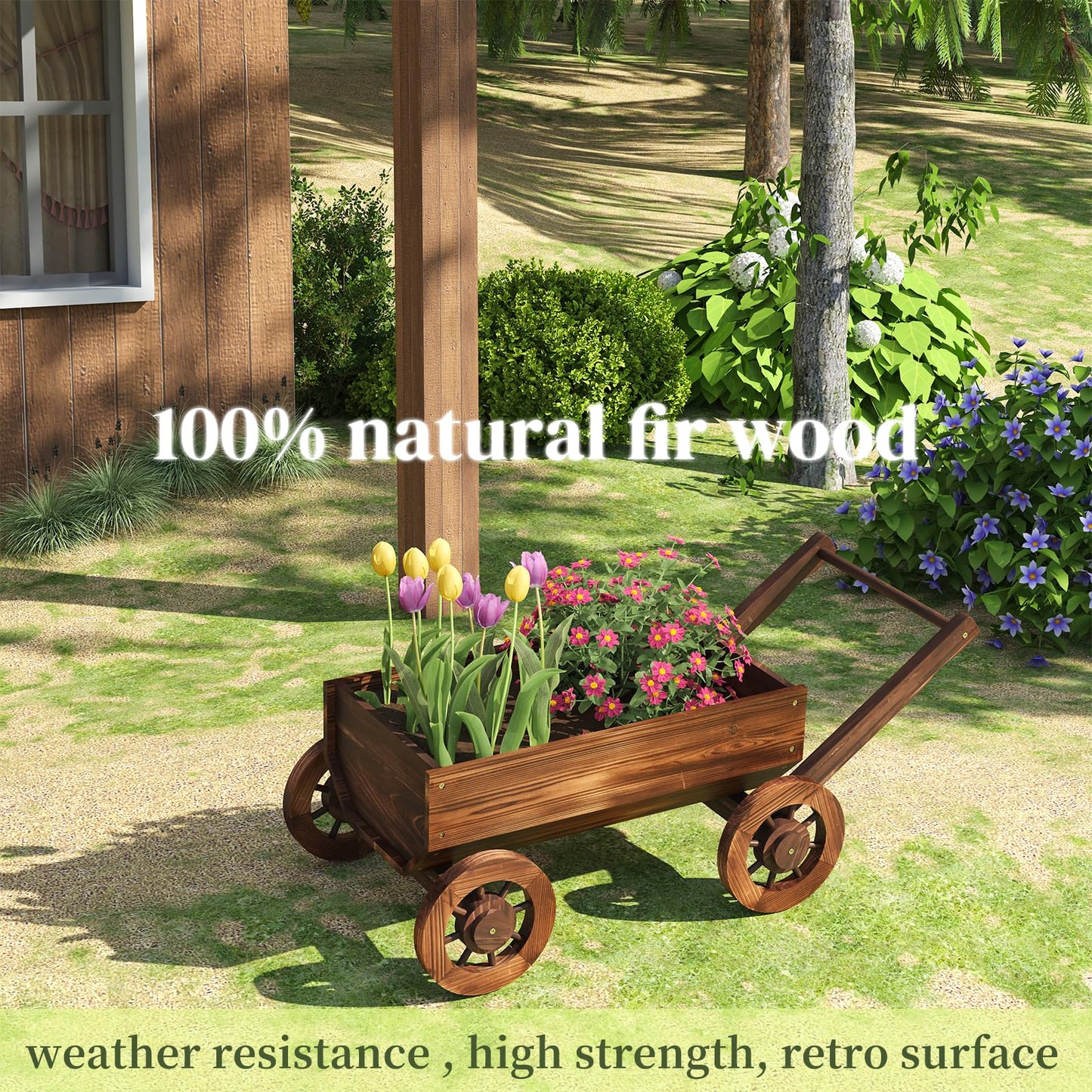 PULIJIAJU Wooden Wagon Garden Planter Cart with Wheels Rustic Flower Pot – Indoor Outdoor Patio Backyard Balcony Decor for Flowers and Plants（Large