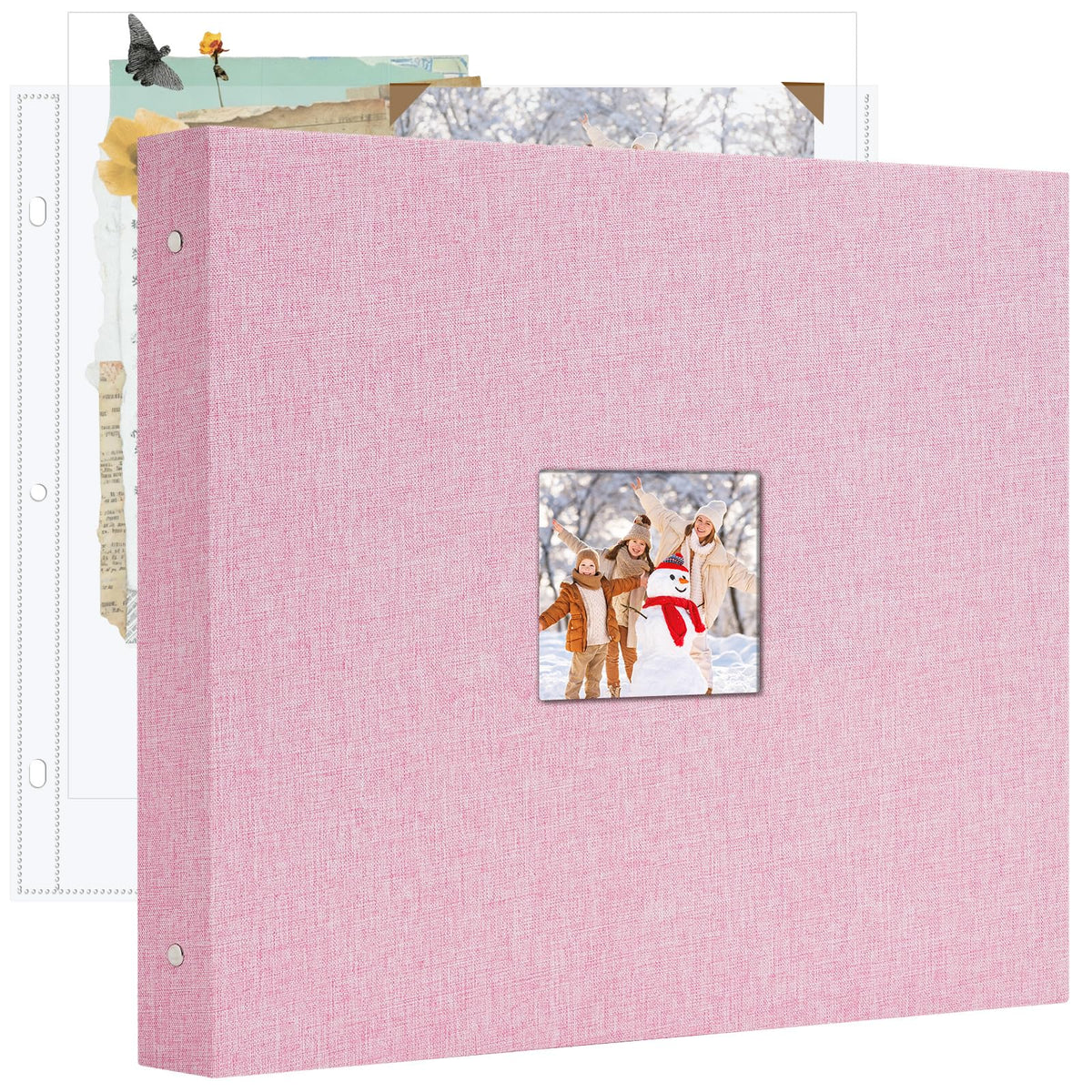 Hiwhy 12x12 Inch Large 3 Ring DIY Scrapbook Photo Album, Linen Cover Scrapbook with 20 Sheets Plastic Sleeves 40 Pages Memory Book for Wedding Birthday Baby Family (Pink)