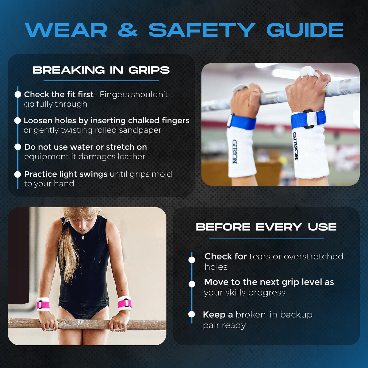 Gibson Athletic Rainbow Gymnastic Grips, 3 SIZES, Medium, Large, X-Large, 3 COLORS, Pink, Blue, Black, MADE IN USA, Beginner Gymnastic Hand Grips, UNISEX, Fit For Kids AND Adults, Long Lasting Leather
