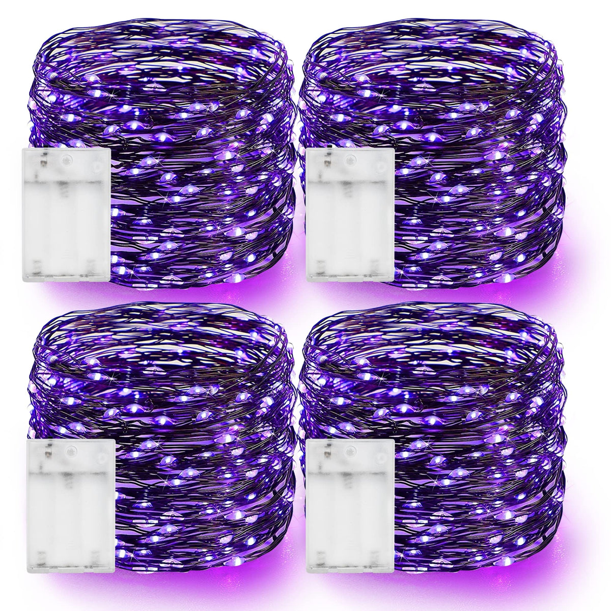 Dazzle Bright Purple Halloween Fairy String Lights, 4 Pack Total 80FT 240LED Copper Wire Battery Operated Waterproof Lights, Halloween Decorations for Indoor Home Outdoor Patio Yard Party Decor