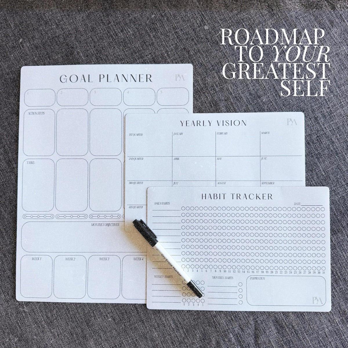 Magnetic Goal Planner Set: Reusable Dry Erase Habit Tracker, Vision Board, Purpose Planner and Workout Calendar Minimalist Wall Calendar Aesthetic Planner, Year at a Glance Wall Calendar 2025