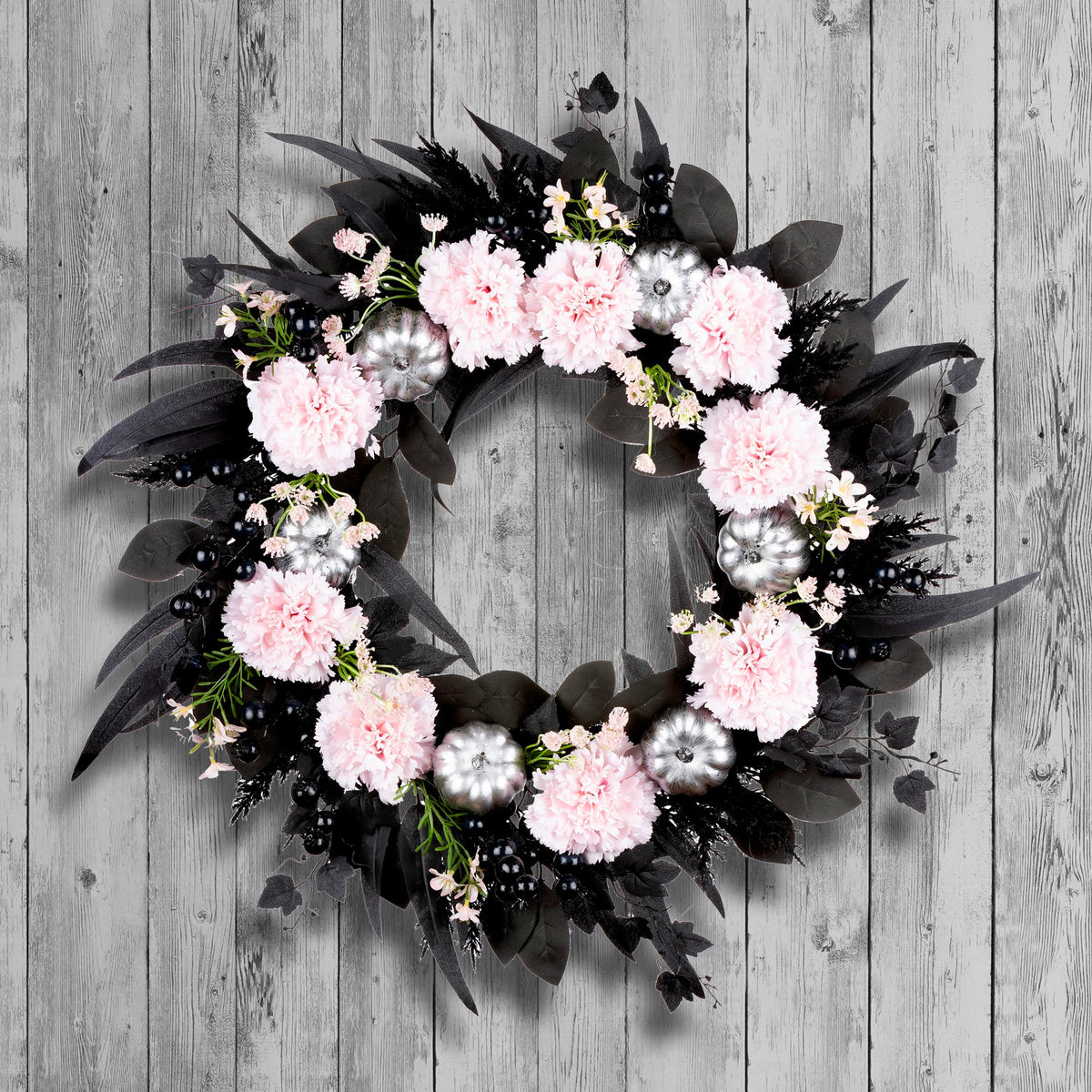 National Tree Company Artificial Pretty Morbid Pink Carnation Halloween Wreath, Black, Silver Pumpkins, 26inch