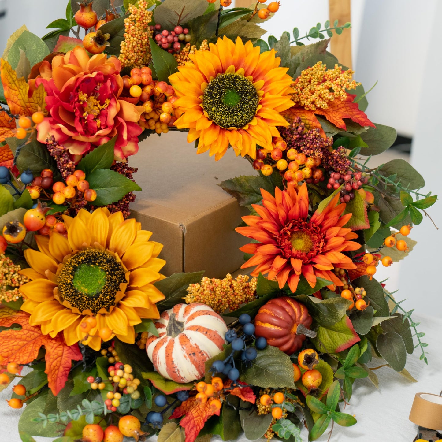 Fall Wreaths for Front Door – 24 Inch Autumn Wreath with Pumpkins, Sunflowers, Berries & Maple Leaves – Fall Door Wreath for Outdoor Thanksgiving, Halloween & Harvest Decor
