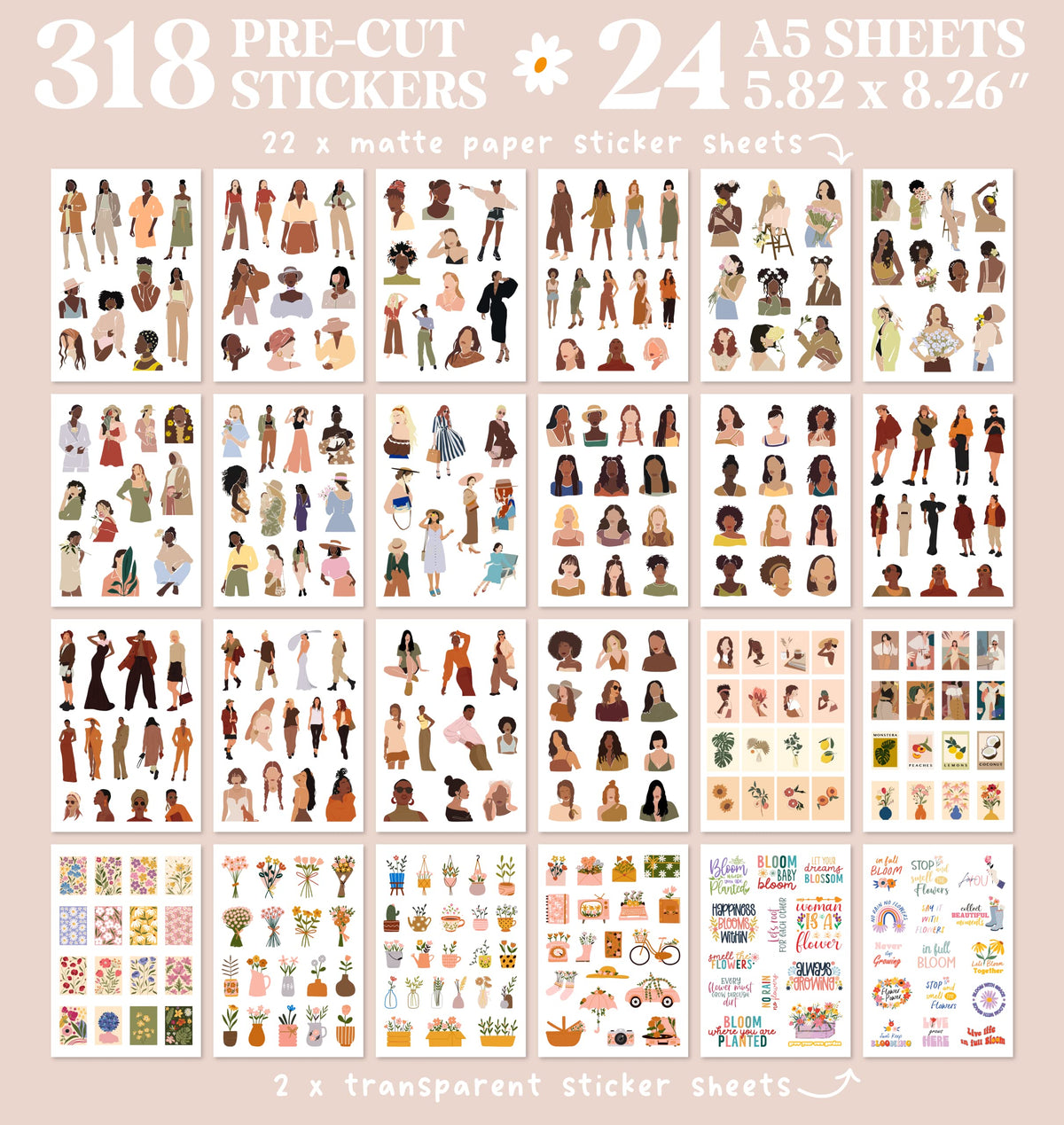 People Scrapbook Sticker Set - 318 Journaling Scrapbooking Stickers. Planner Sticker Dolls with Diverse Girls & Black Women, Flowers, and Quotes